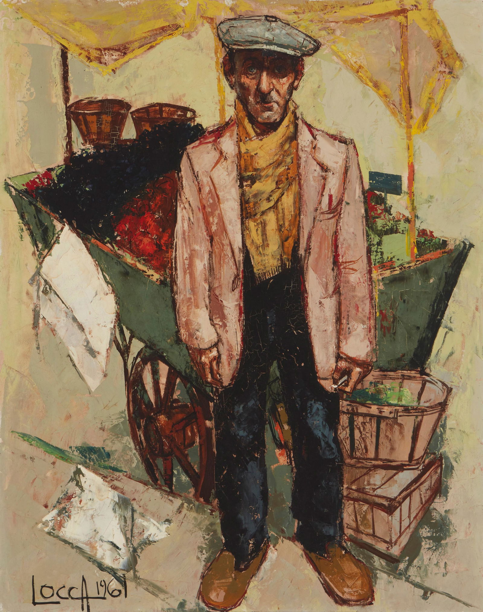 Albert Locca (1895-1966, Swiss): Street vendor with his cart, 1961 Oil on linen Signed and dated lower left: Locca 36.25" x 28.75"