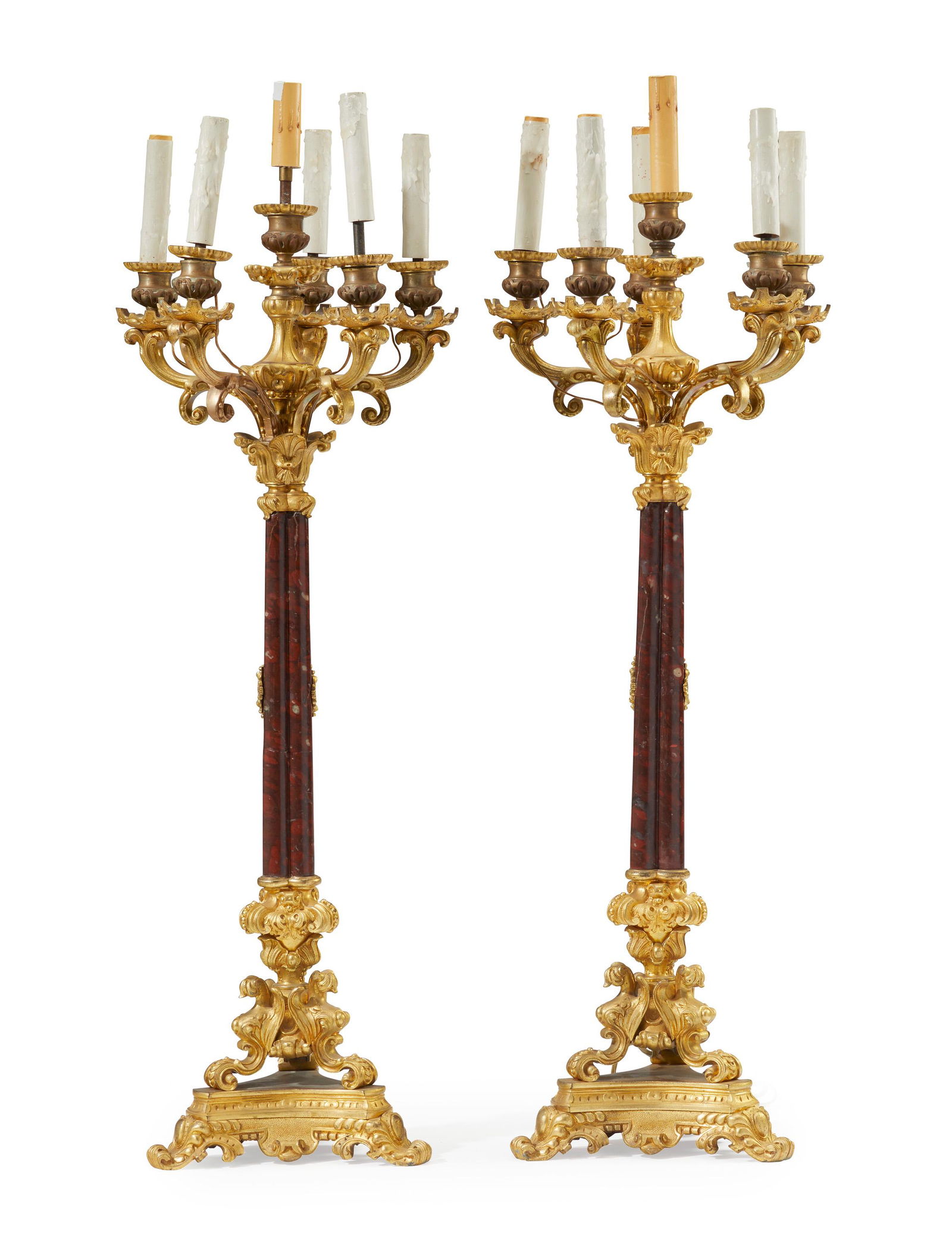 A pair of gilt-bronze and marble candle lamps (1 of 2)