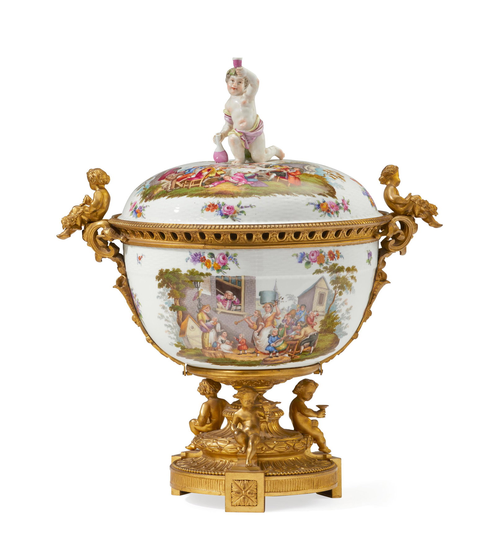 A Continental porcelain urn: Late 19th/Early 20th Century Appears unmarked Possibly French with German porcelain, the round vessel with painted figural scenes and floral sprays, surmounted by a putto with wine, flanked by opposed