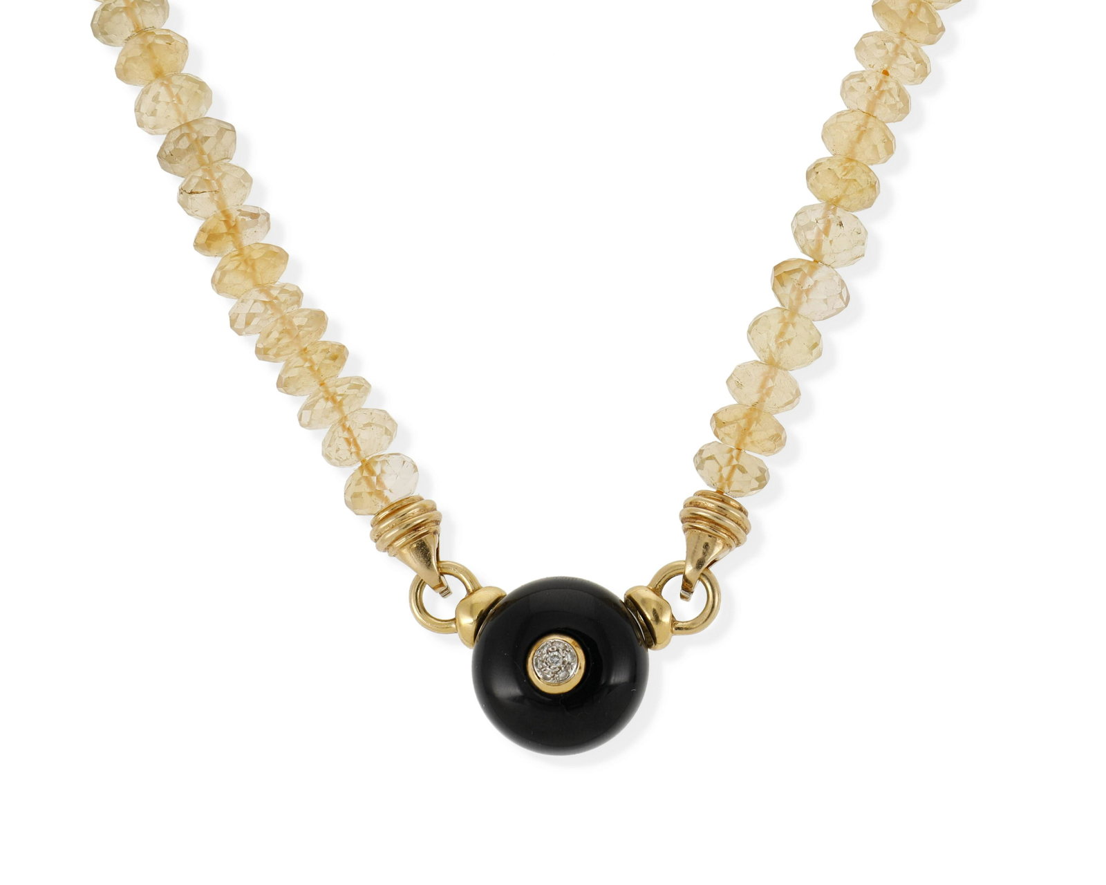 An Antonini gem-set interchangeable pendant necklace: 18k yellow gold stamped: Antonini / 750 Designed with a single strand of faceted citrine beads measuring approximately 9-10mm with two interchangeable pendants including an onyx pendant centering sev