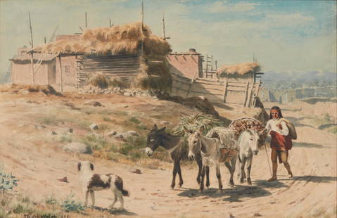 Thaddeus Welch (1844-1919, Santa Barbara, CA): "Going To Market," 1890 Watercolor on paper under glass Signed and dated lower left: Thad Welch; titled on a label affixed to back of framing paper Sight: 12" H x 18.75" W Provenance: