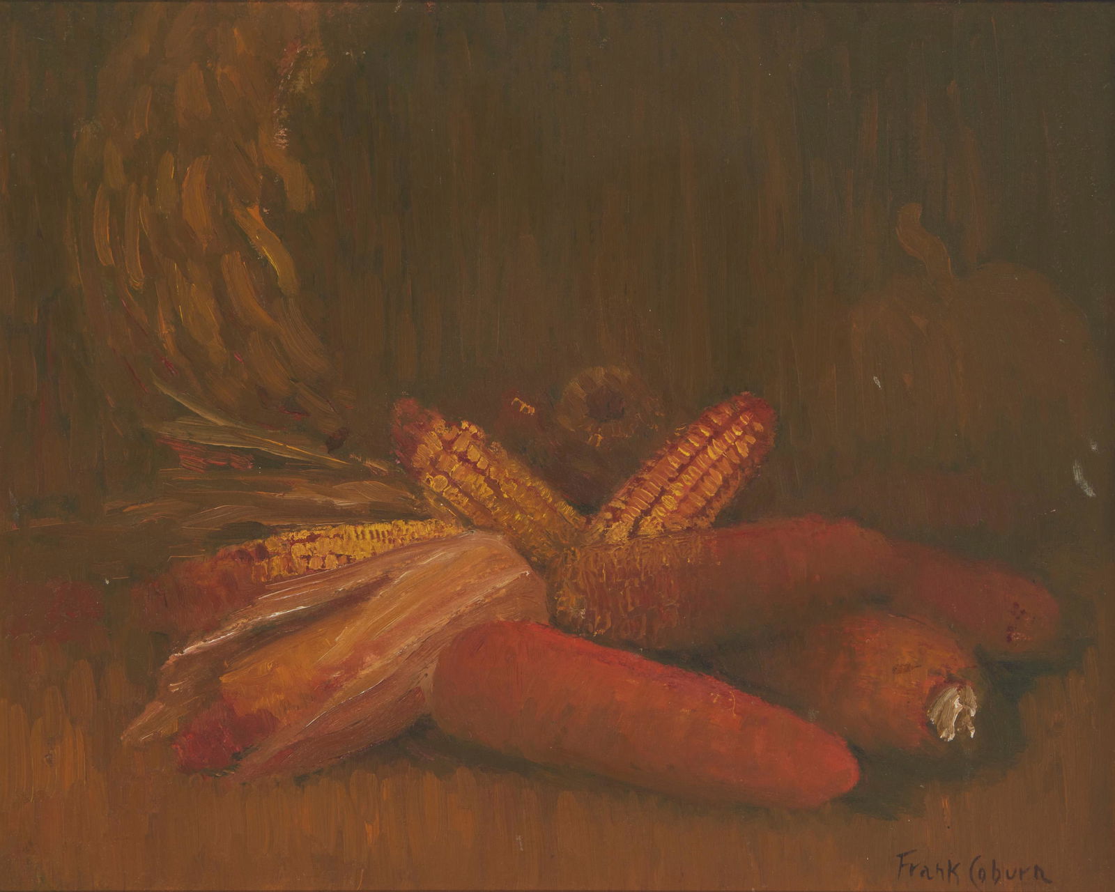 Frank Coburn (1862-1938, Santa Ana, CA): "Still Life with Corn," circa 1910-15 Oil on board Signed lower right: Frank Coburn; titled and dated on a gallery label affixed to the backboard of the frame 16" H x 20" W Provenance: Orr's Gall