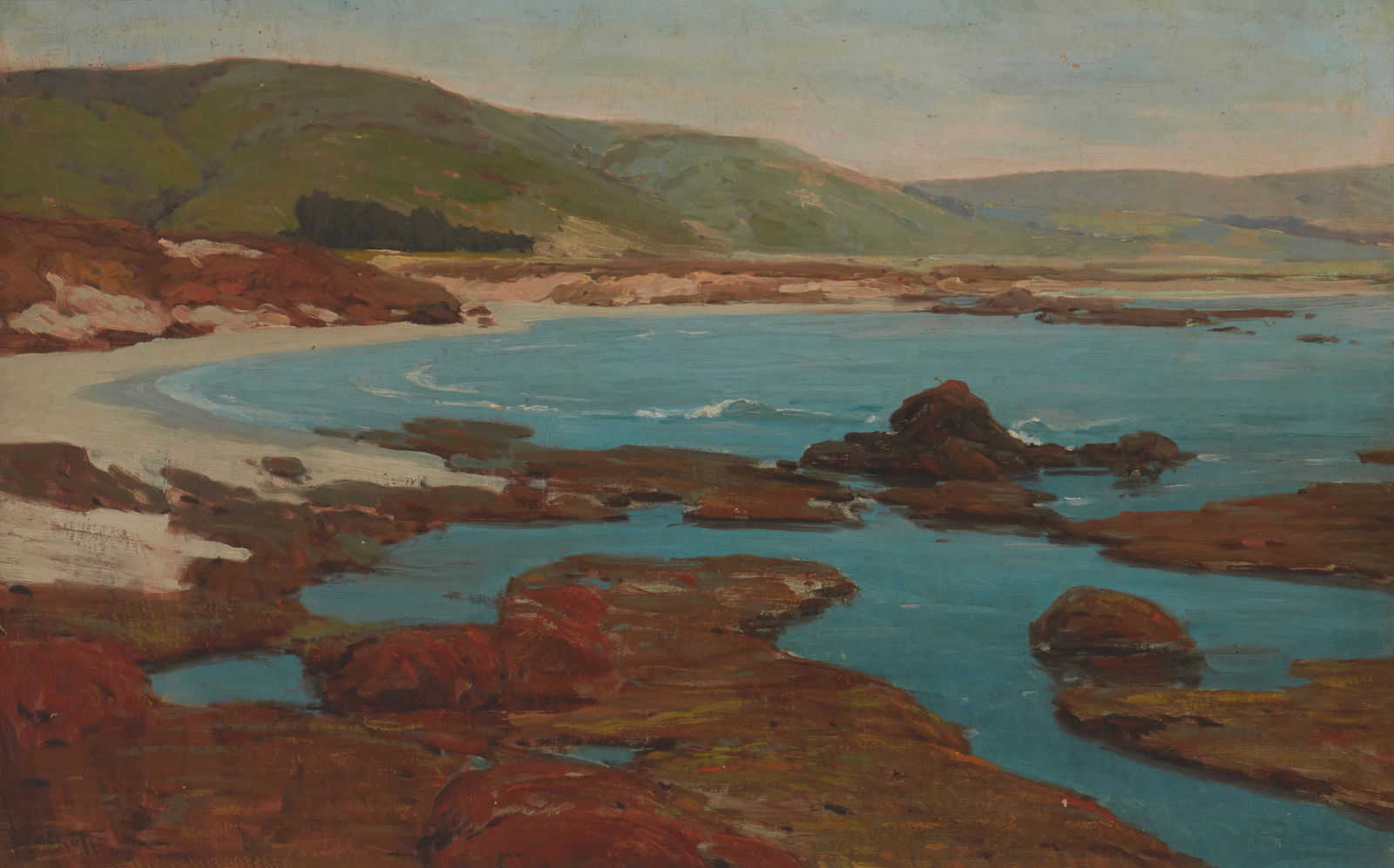 Hanson Duvall Puthuff (1875-1972, Corona Del Mar, CA): "Placid bay" (Southern California coastal), 1907 Oil on canvas Signed and possibly dated '07 lower left: H. Puthuff; signed again and titled on the stretcher 20.25" H x 32.25" W Provenance: Prope