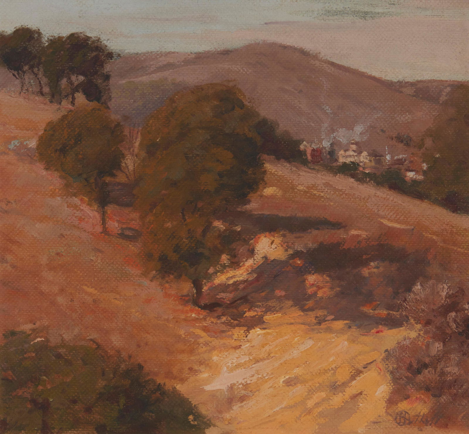 Hanson Duvall Puthuff (1875-1972, Corona Del Mar, CA): Hilly landscape with a distant town Oil on burlap laid to waxed canvas Signed lower right with the artist's monogram and signature: Puthuff 15" H x 16" W Provenance: Property from a Private South
