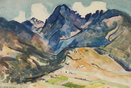 Kenneth Miller Adams (1897-1966, Albuquerque, NM): "Mountain Landscape" Watercolor on paper under glass Signed lower left: Kenneth M. Adams; signed again and titled on the frame's backboard Image: 12.75" H x 19.75" W; Sheet:14" H x 20.5" W Proven