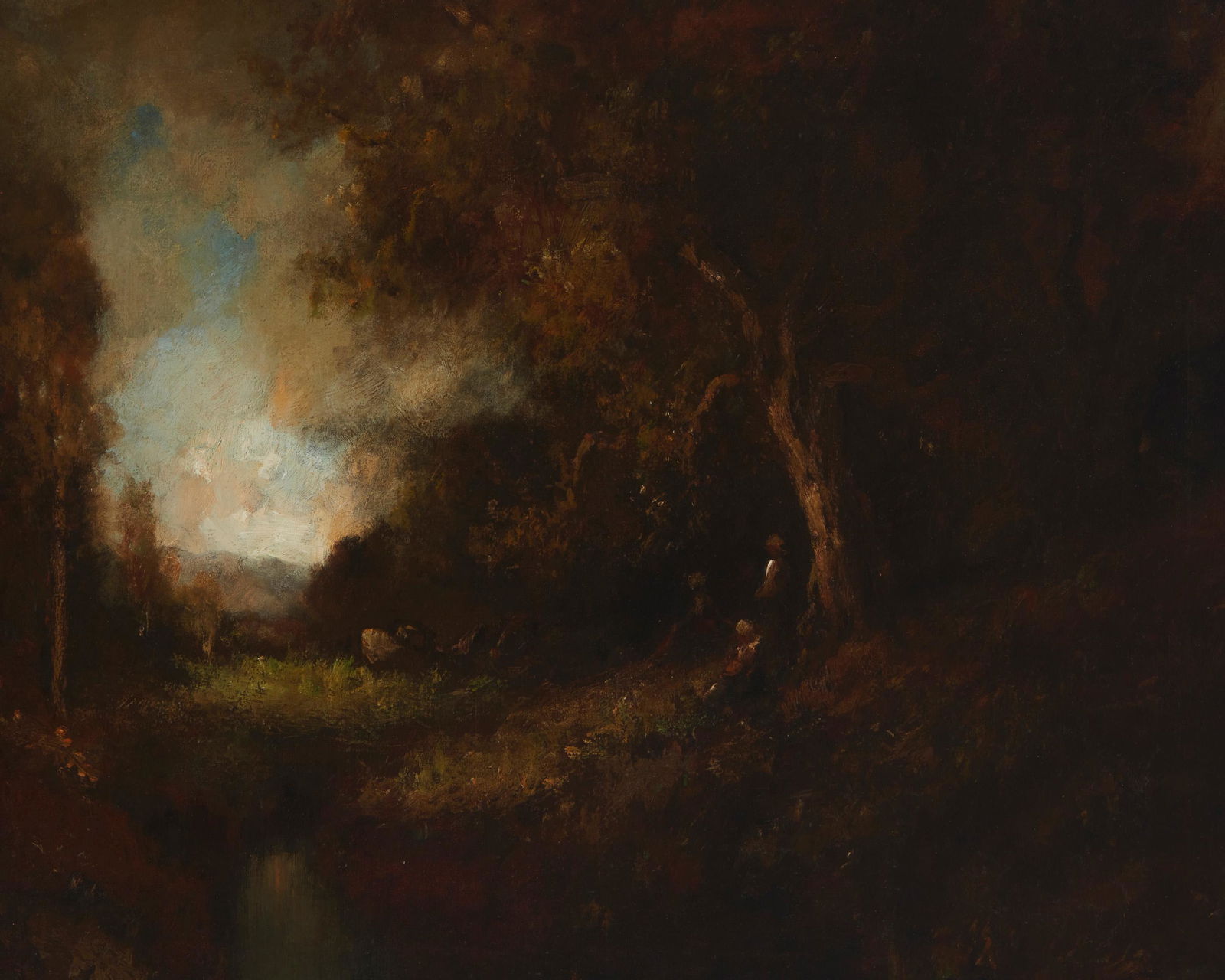 William Keith (1838-1911, Berkeley, CA): "In the Glade" Oil on canvas laid to canvas Signed lower right: W. Keith / S. F.; titled in another hand on the frame's cardboard backing 20" H x 30" W Provenance: Sold: John Moran Auctioneers, P