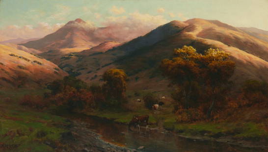 Thaddeus Welch (1844-1919, Santa Barbara, CA): Tonalist landscape with cows grazing, 1912 Oil on canvas Signed and dated lower left: T. Welch 25.75" H x 46" W Provenance: Property from a Private Southern California Estate