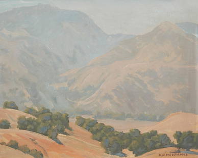 Ralph Holmes (1876-1963, San Luis Obispo, CA): Mountain landscape Oil on canvas board Signed lower right: Ralph Holmes 16" H x 20" W