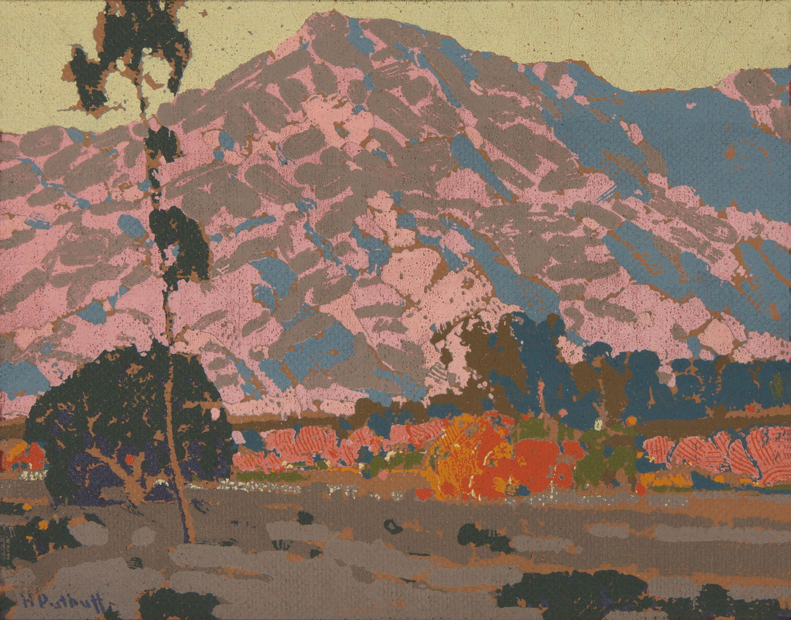 Hanson Duvall Puthuff (1875-1972, Corona Del Mar, CA): Mountainous landscape Oil serigraph on canvas laid to board Signed lower left: H Puthuff 11.25" H x 14.75" W