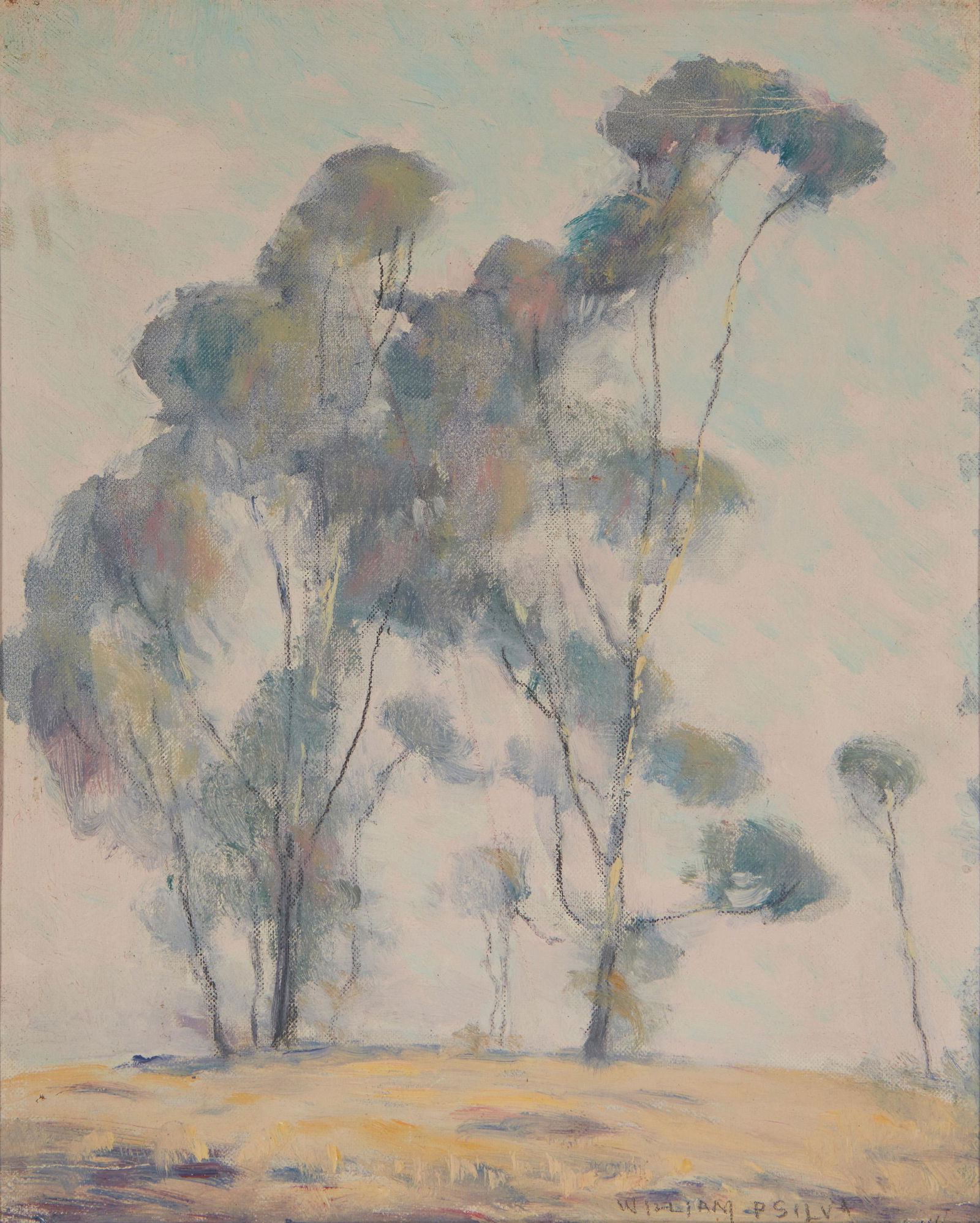 William Posey Silva (1859-1948, Carmel, CA): "Eucalyptus Against the Sky - Sou. Calif." Oil on canvas board Signed lower right: William P. Silva; titled on an artist label affixed verso 10" H x 8" W