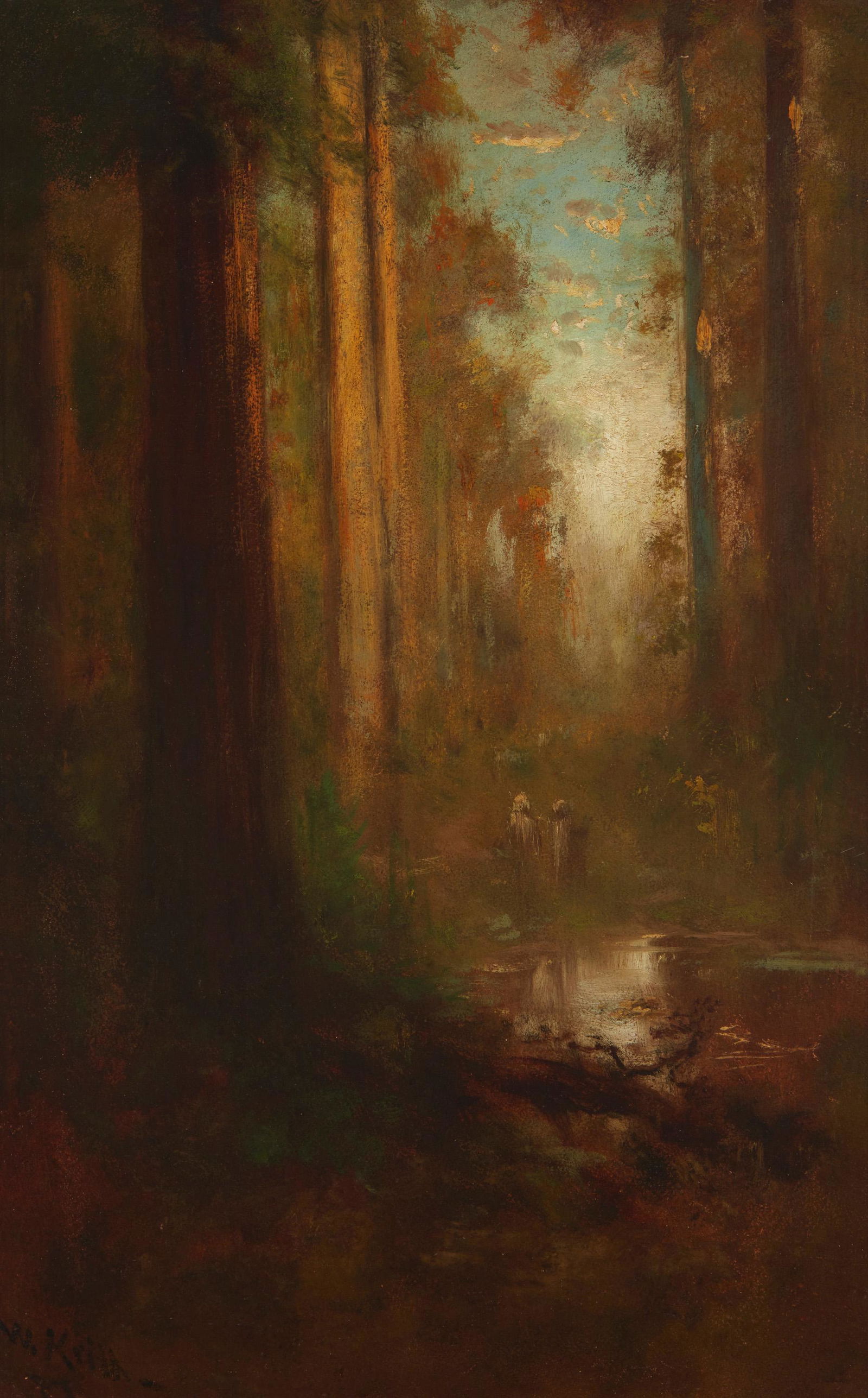 William Keith (1838-1911, Berkeley, CA): Pond in wooded forest interior Oil on Masonite Signed and inscribed lower left: W. Keith / S.F. 26" H x 16" W