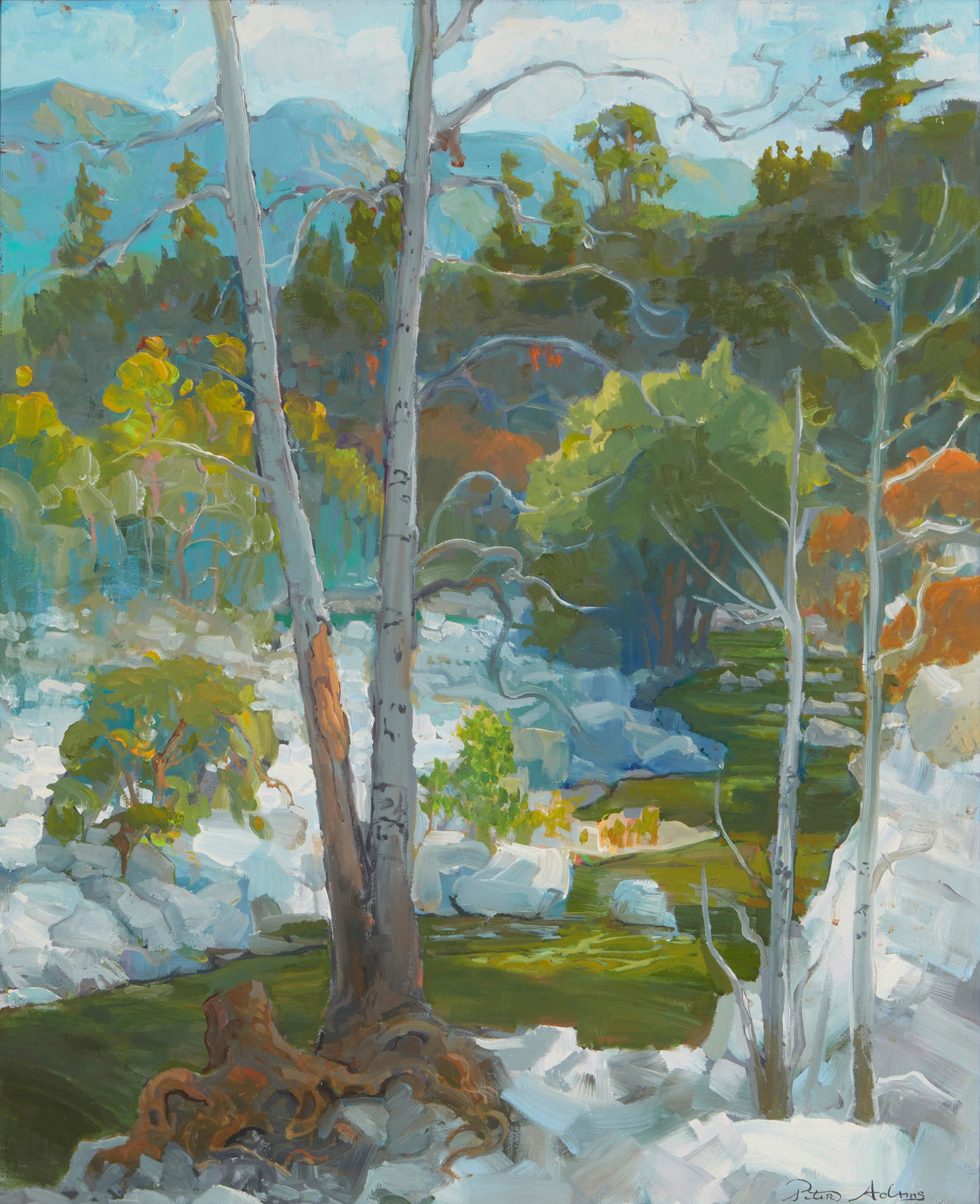 Peter Adams (b.1950, Pasadena, CA): "Alders Along the Arroyo" Oil on Masonite Signed lower right: Peter Adams; titled on a label affixed verso 22" H x 18" W