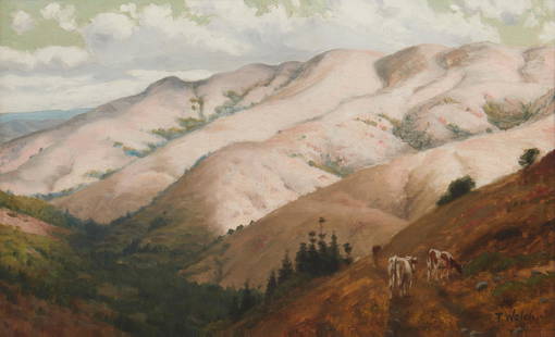 Thaddeus Welch (1844-1919, Santa Barbara, CA): Rolling hills landscape with cows grazing  Oil on canvas laid to board  Signed lower right: T. Welch  11" H x 17.75" W   Provenance: Property from a Private Southern California Estate