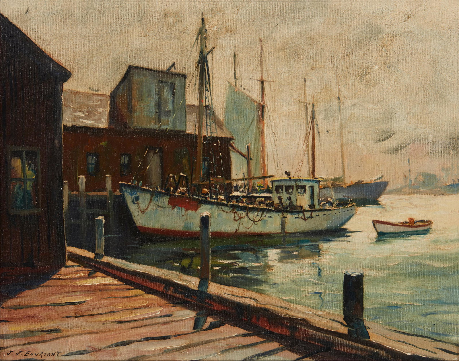 C. Hjalmar Amundsen (1911-2001, Long Island, NY): "Gloucester Harbor" Oil on canvas Signed lower right: J. J. Enwright; signed again, titled and numbered on the stretcher: #6970 16" H x 20" W Notes: J. J. Enwright was a pseudonym used by Amundsen.