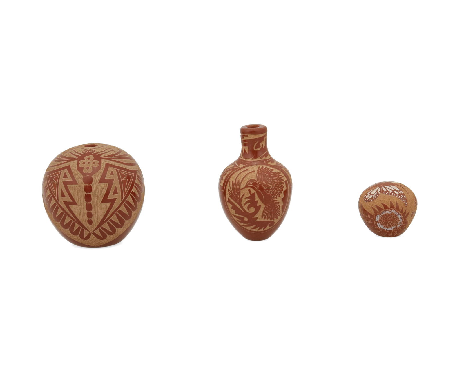 Three Santa Clara Pueblo miniature sgraffito pottery vessels (1 of 12)