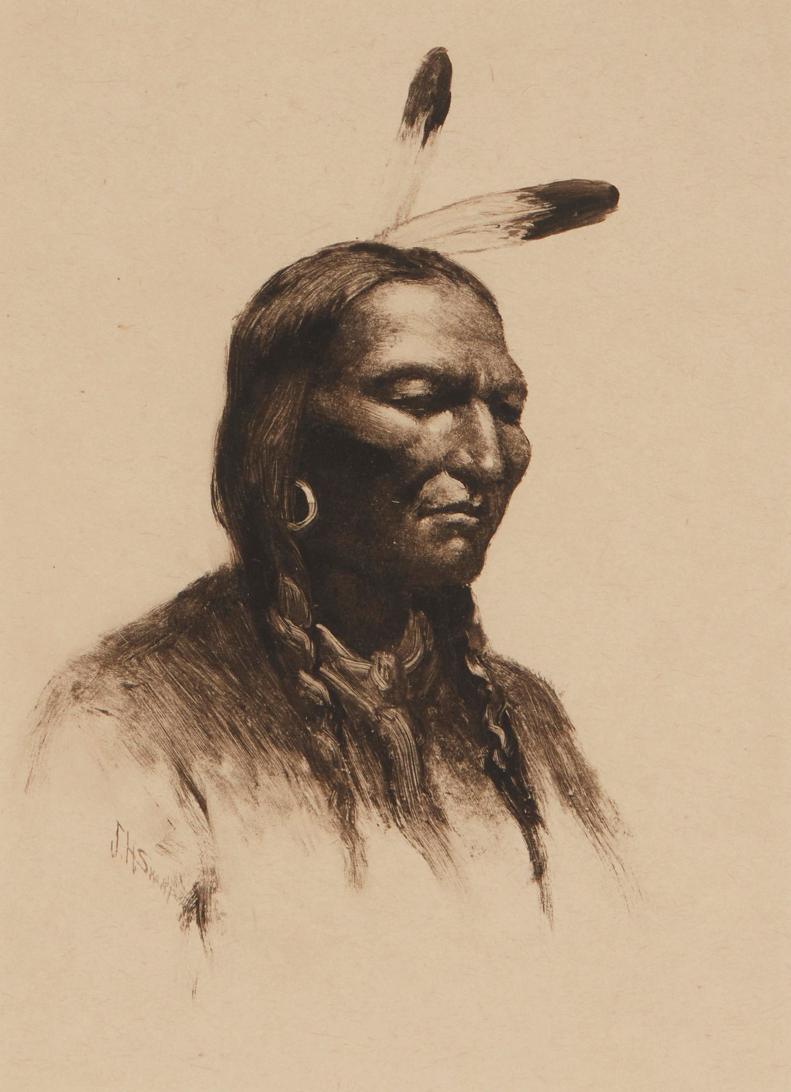 Joseph Henry Sharp (1859-1953, Taos, NM): A Cheyenne Monotype on paper laid to paper under glass Signed lower left: J.H. Sharp; titled on gallery label affixed to the backing of the frame Image: 8" H x 5.25" W; Sheet: 13.25" H x 9.5" W