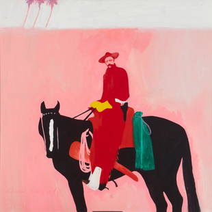 Ben Wright (b. 20th Century, American): Red Rider in Hollywood, 1982 Oil on canvas Signed and titled lower left: B Wright; signed and titled again, and also dated 4/82, verso 35.875" H x 35.875" W