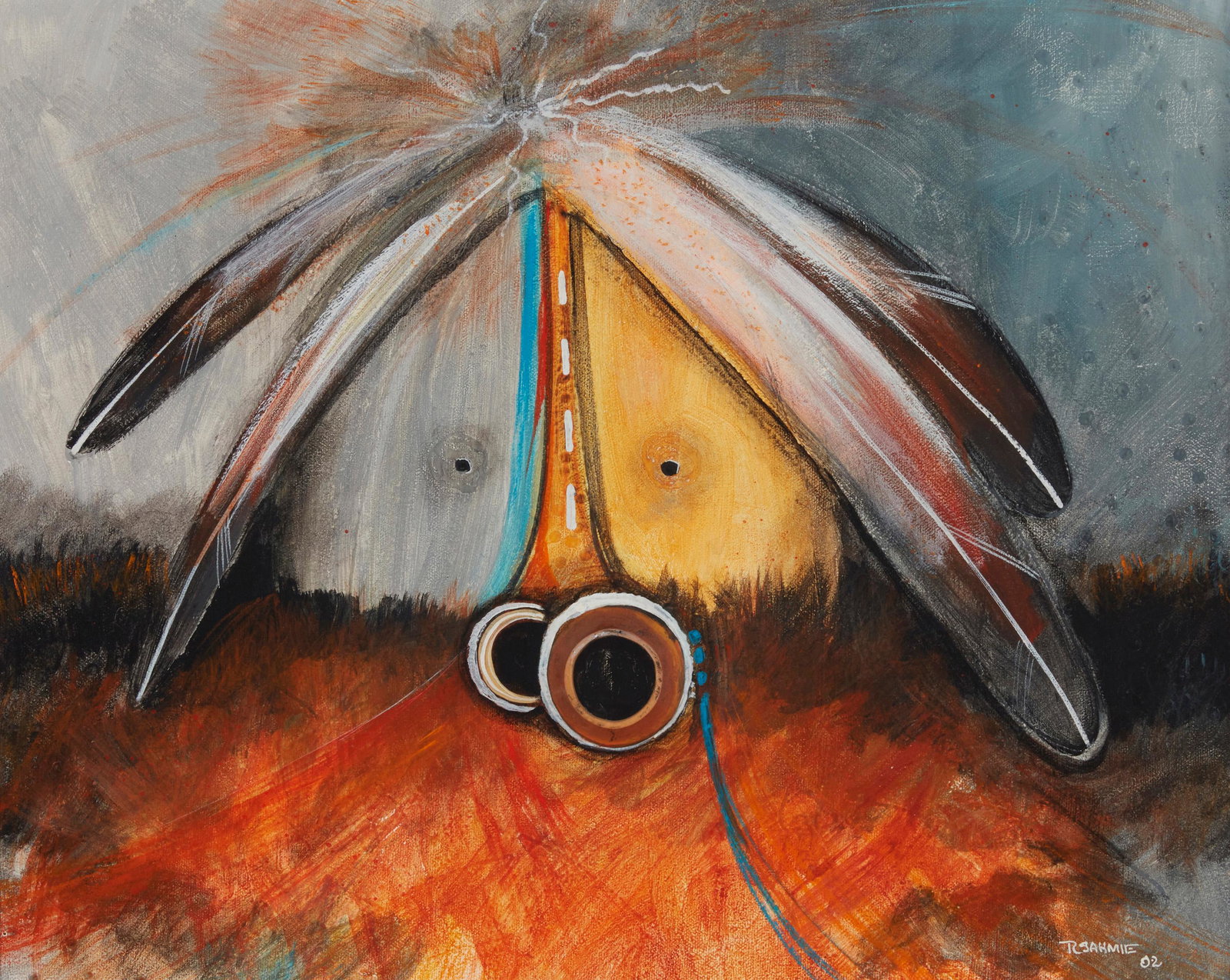 Randall Sahmie (1950-2008, Hopi): Yei portrait with bone mouth, 2002 Acrylic on canvas with applied bone Signed and dated lower right: R. Sahmie 16" H x 20" W