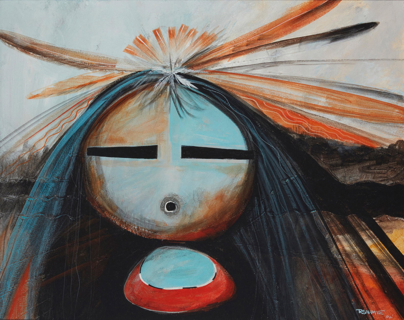 Randall Sahmie (1950-2008, Hopi): Shell Priest, 1992 Acrylic on canvas Signed and dated lower right: R. Sahmie; titled on the backing board 16" H x 20" W Provenance: Private collection, Poway, CA