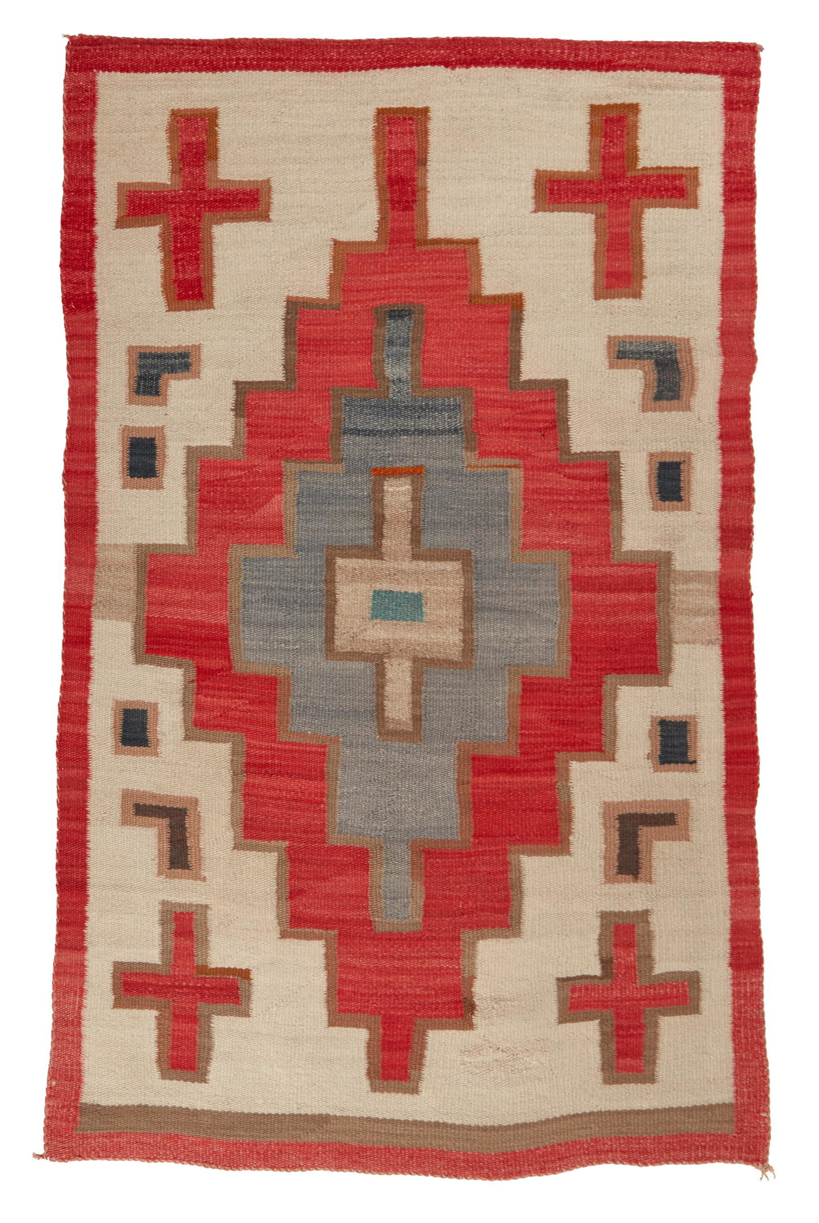 A Navajo Regional rug: First-Quarter 20th Century; Dine Woven in red, grey, cream, brown and blue wool with a central stepped concentric diamond motif with a central cross, and additional crosses to corners 69.5" H x 43.5" 