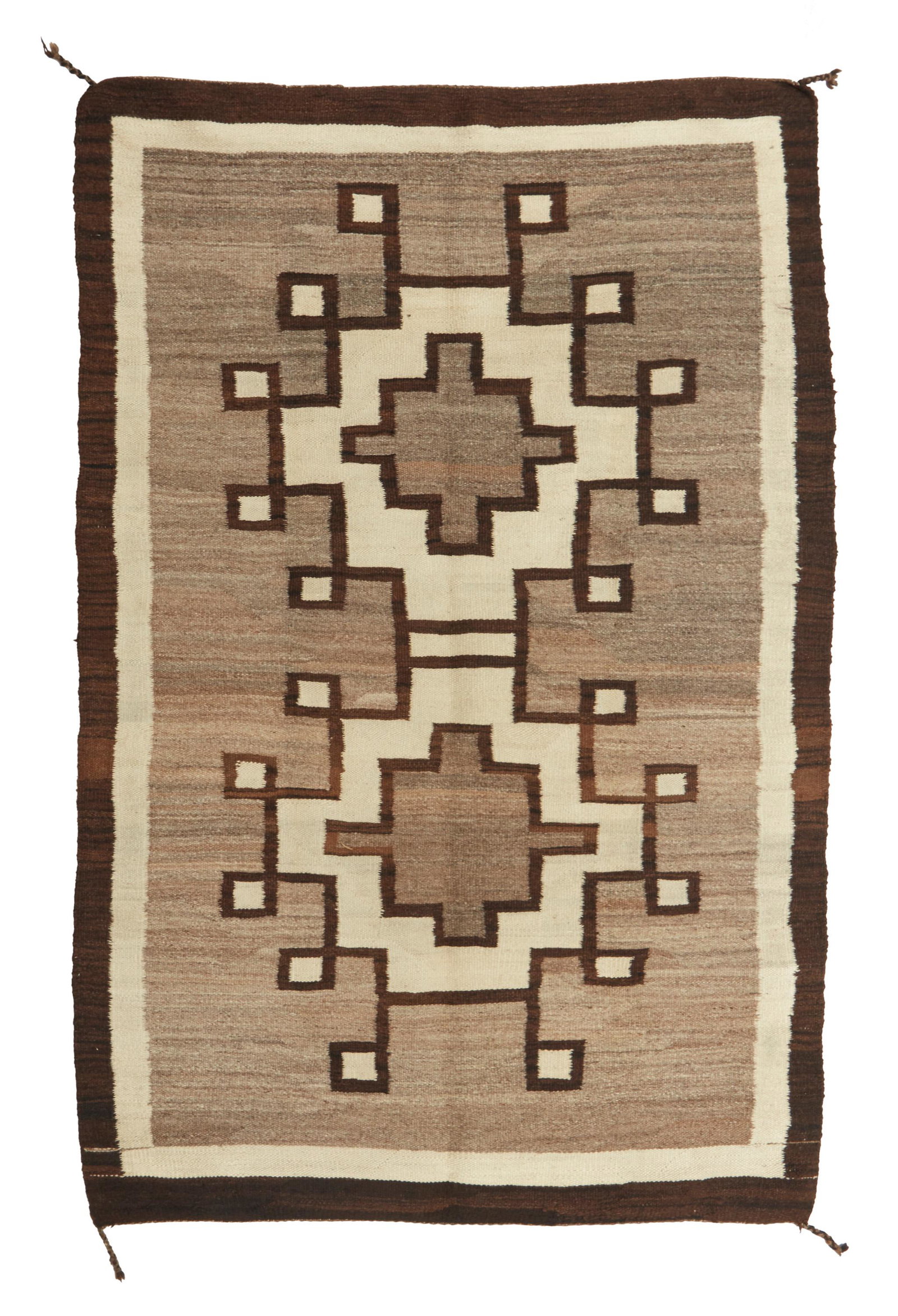 A Navajo Regional rug: First-Quarter 20th Century; Dine Woven in brown, cream and natural grey wool with a central double latched diamond motif 68" H x 46" W