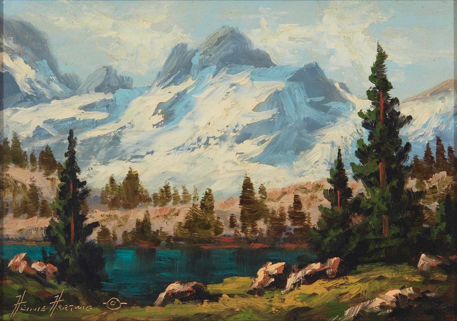 Heinie Hartwig (b. 1937, Santa Clara, CA): Mountain landscape Oil on panel Signature incised lower left: Heinie Hartwig (C) 5" H x 7" W