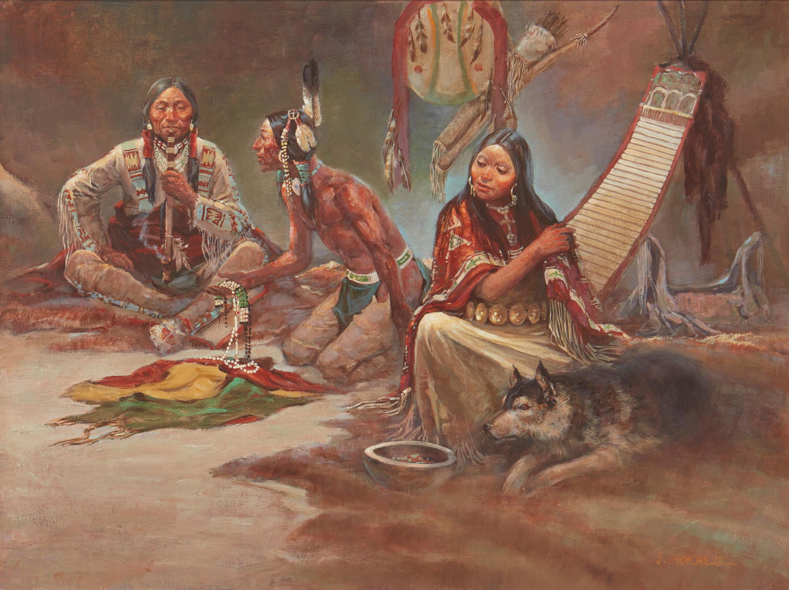 Shep Chadhorn (20th Century, Colorado): Bargain for a Wife, 1975 Oil on canvas laid to Masonite Signed and dated lower right: S. Chadhorn; titled on a gum label affixed verso 18" H x 24" W