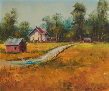 Ben Abril (1923-1995 Los Angeles, CA): Farm scene with buildings Oil on canvas Signed lower right: Ben Abril 20" H x 24" W