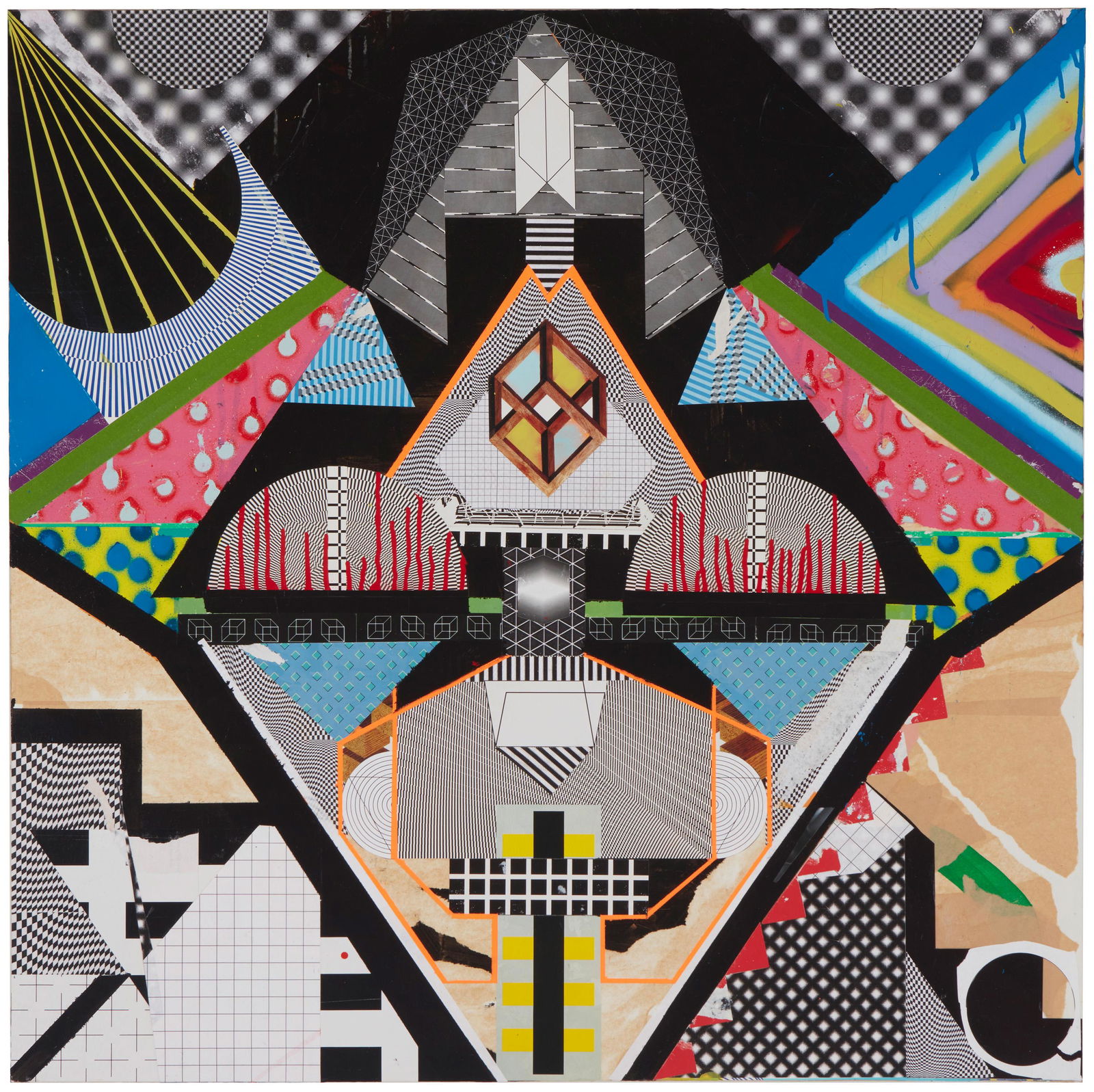 Brian Porray (b. 20th Century, American): V/L1NUS SP4CEHE4D/V, 2012 Synthetic polymer, spray paint, paper and tape on panel Signed, titled and dated verso 33.5" H x 33.5" W Provenance: Western Project, Los Angeles, CA The Blake Byrne Co