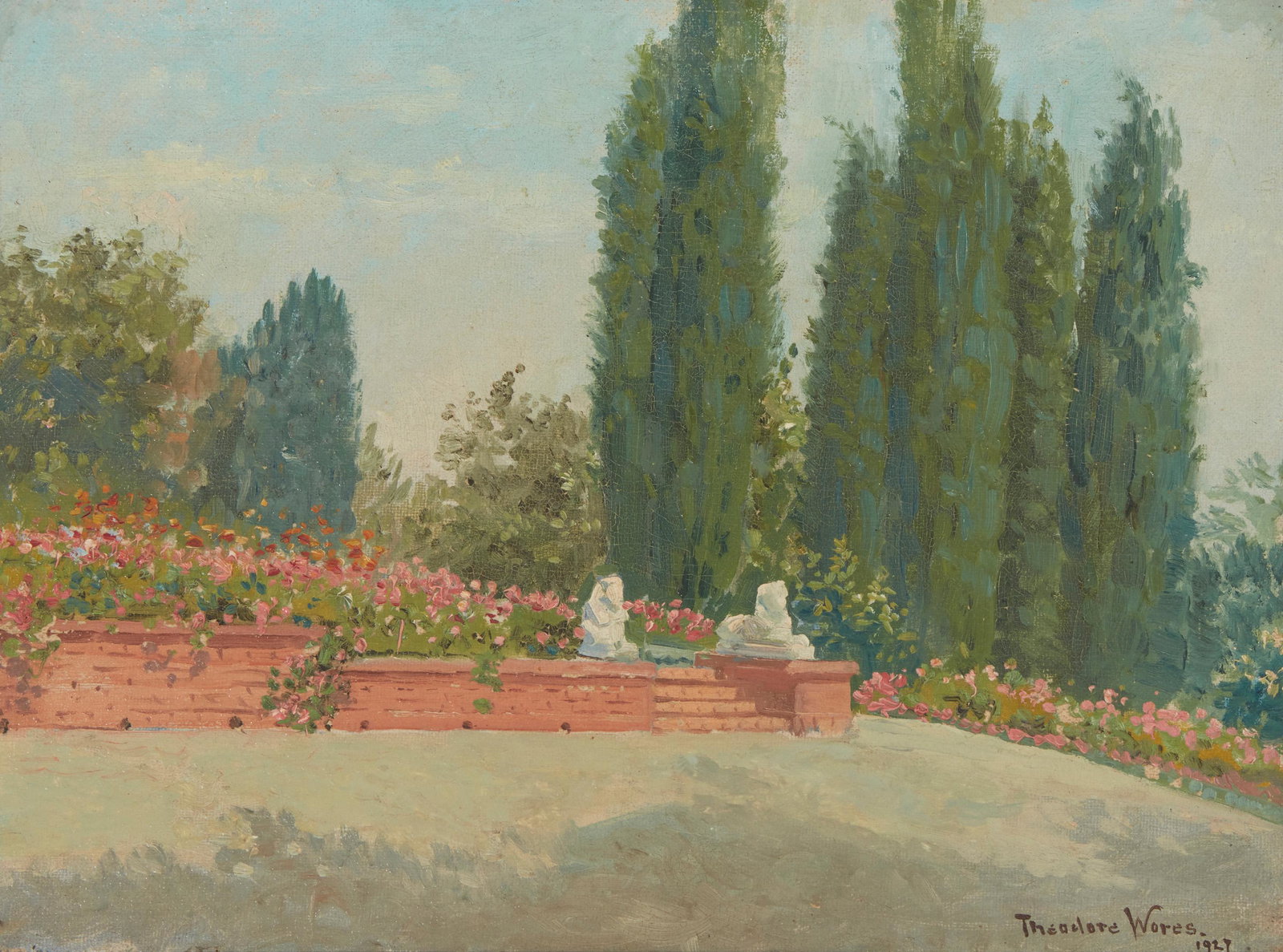 Theodore Wores (1859-1939, San Francisco, CA): Lawn with poplar trees and statues, 1927 Oil on canvas laid to waxed canvas Signed and dated lower right: Theodore Wores 12" H x 16" W