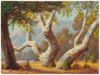 Paul Grimm (1891-1974, Palm Springs, CA): Oak & Eucalyptus  Oil on board laid to board  Signed lower right: Paul Grimm  12" H x 16" W