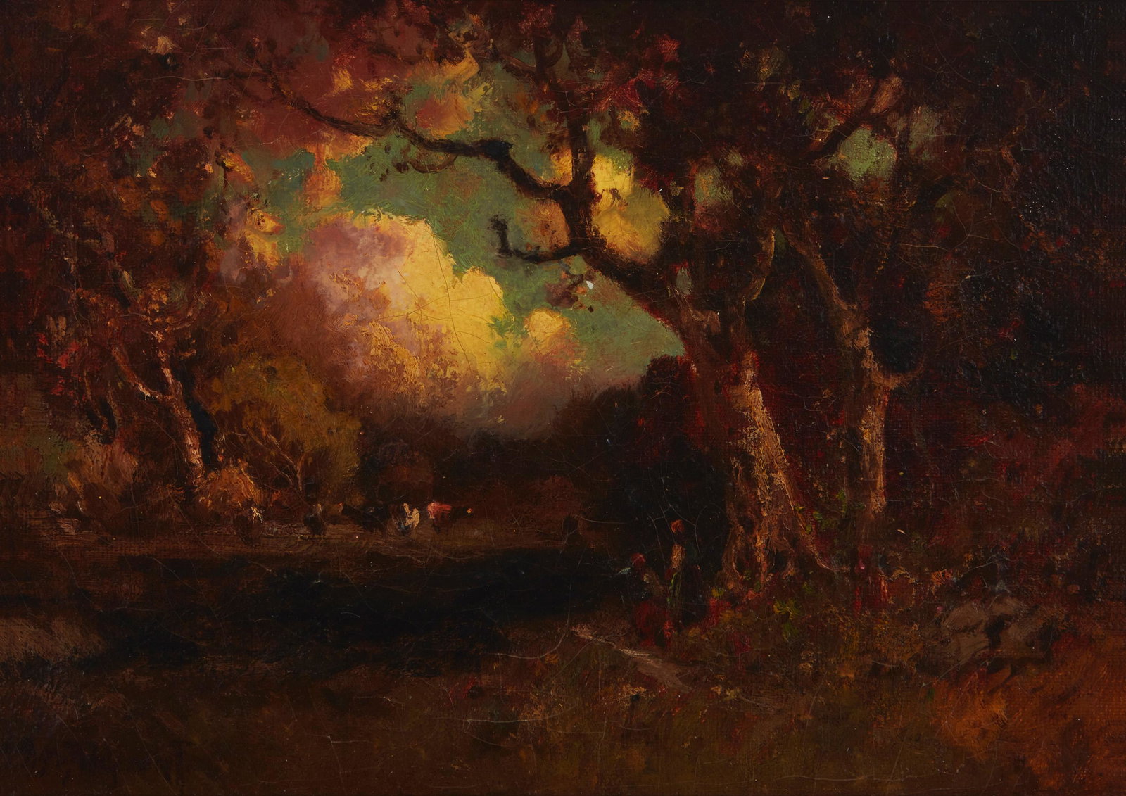 Alexis Matthew Podchernikoff (1886-1933, Pasadena, CA): Figures in a wooded landscape Oil on canvas Signed lower left: A.M. Podchernikoff 10" H 14" W