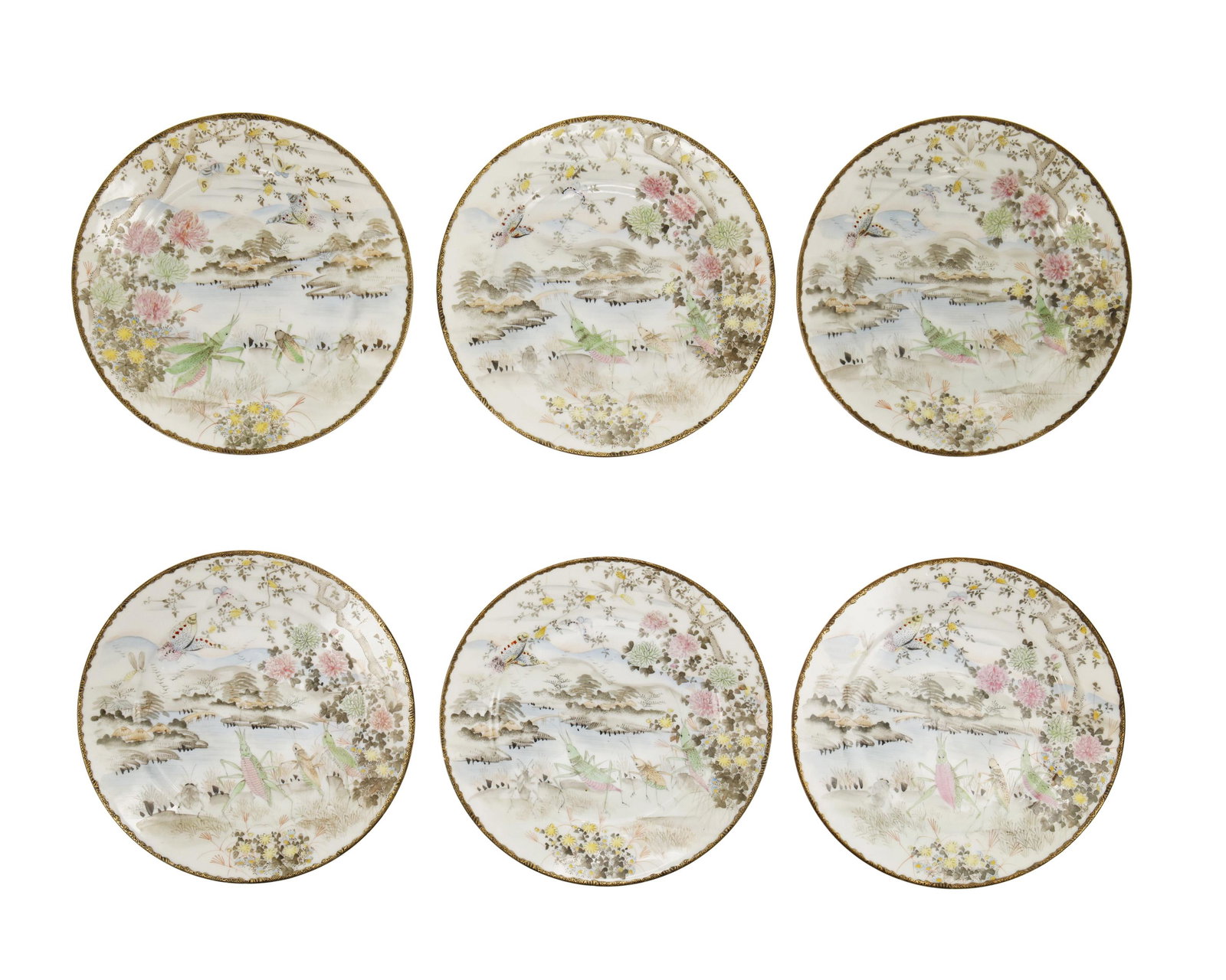 A set of Chinese painted porcelain plates: Mid-20th Century Each stamped with Chinese characters to underside Each glazed porcelain with glt rim and painted polychrome landscape scenes depicting insects, houses, and flowers, 6 pieces Each: 7.3
