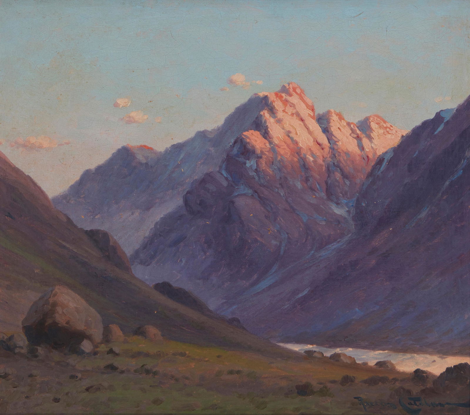 Benito Ramos Catalan (1888-1961, Chilean): Mountain landscape Oil on canvas Signed lower right: Ramos Catalan; indistinctly inscribed on the stretcher 15.75" H x 17.75" W
