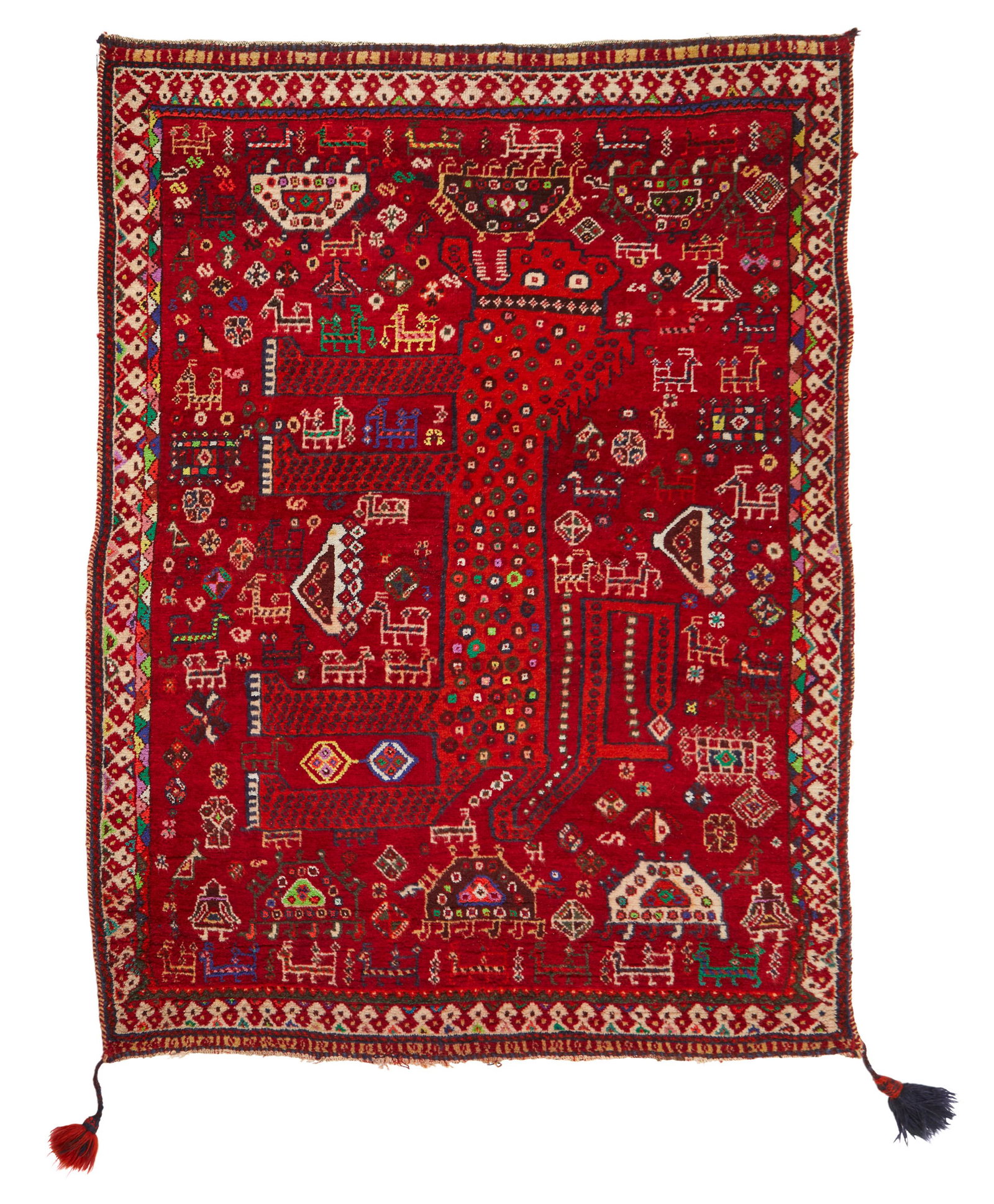 A Shiraz rug: 20th Century Wool on wool foundation with polychrome pictorial motifs of various animals with tasseled corners 65.25" L x 48" W