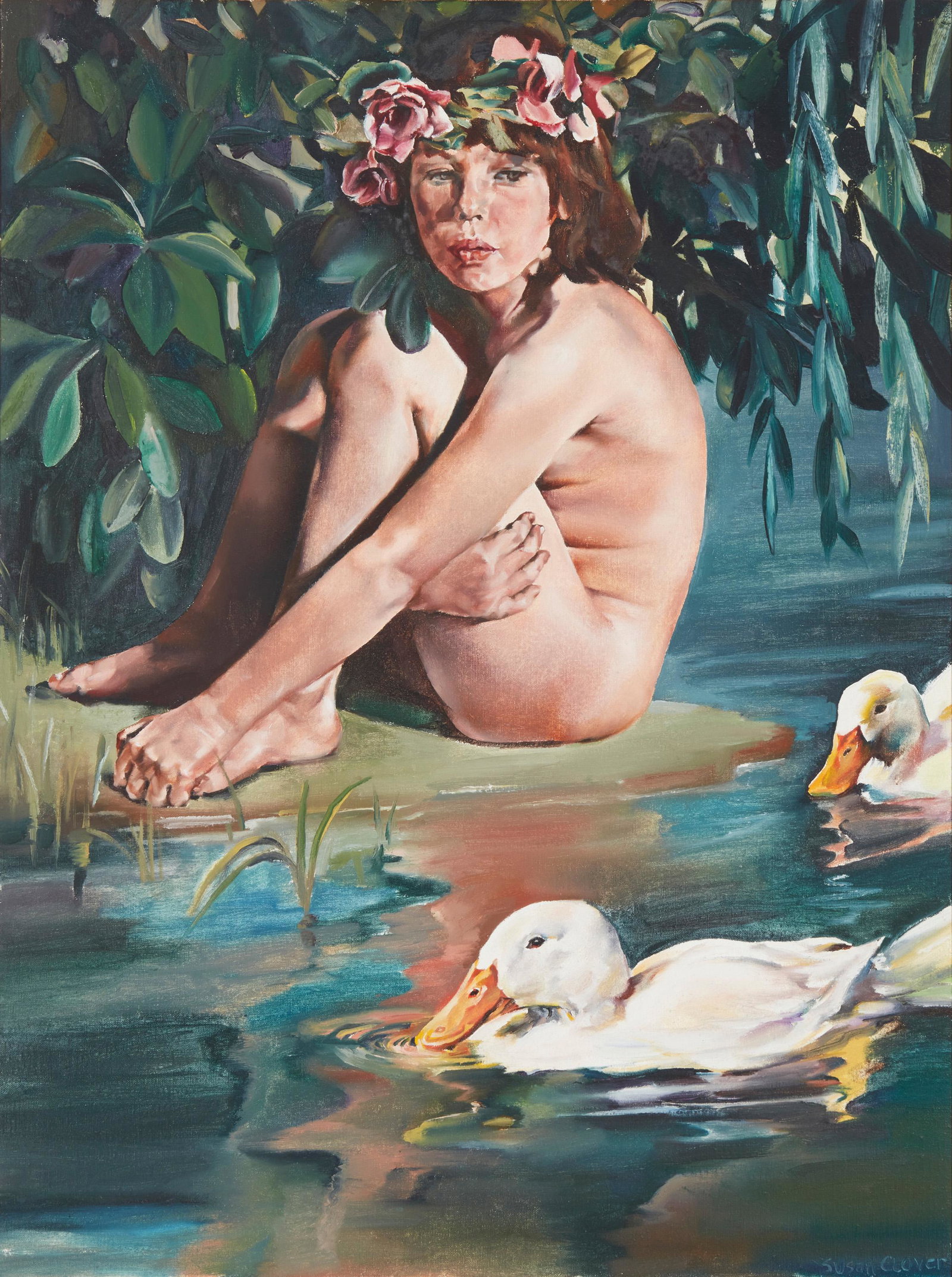 Susan Clover (b. 1944, American): Nude youth seated beside a pond with ducks Oil on canvas Signed lower right: Susan Clover 36" H x 27 " W Provenance: Orlando Gallery, Encino, CA, stamped verso Literature: https://www.latimes.com/ar