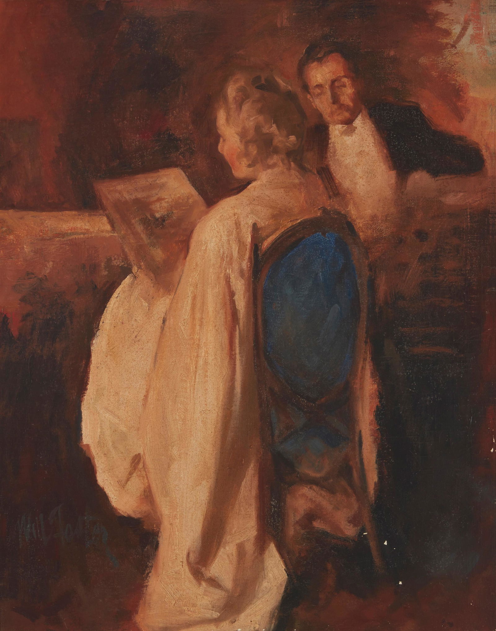 William Frederick Foster ANA (1883 - 1953, New York, NY): Lady and Gentleman Oil on canvas Signed lower left: Will Foster 32" H x 25" W Literature: P. Settecase Barton, "William Frederick Foster, A.N.A.: Portrait of a Painter", Los Angeles, CA, 1987, pl