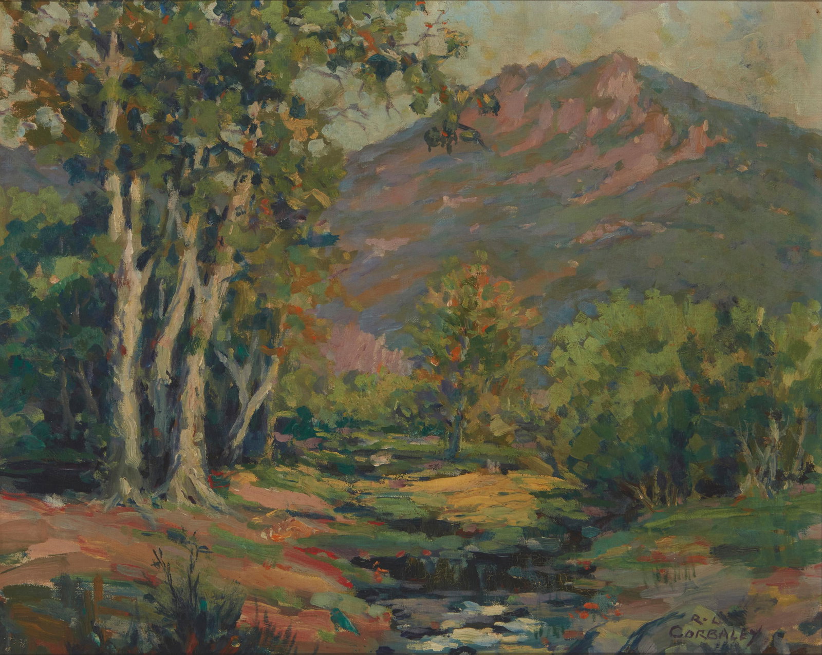 Richard Leroy Corbaley (1882-1960, Los Angeles, CA): Creek in a landscape Oil on canvas Signed lower right: R. L. Corbaley 16" H x 20" W