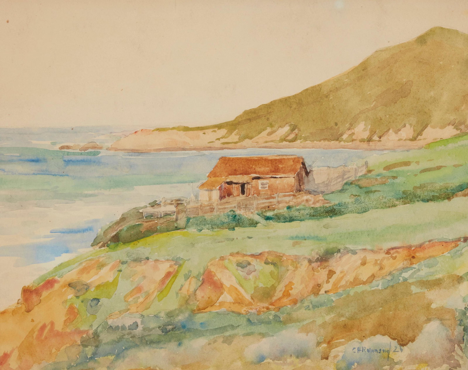 Charles Hoxley Robinson (1862-1945, Morro Bay, CA): Morro Bay, 1926 Watercolor on paper under glass Signed and dated lower right: C H Robinson; titled in another hand on the backboard of the frame. Sight: 7.50" H x 9.625" W