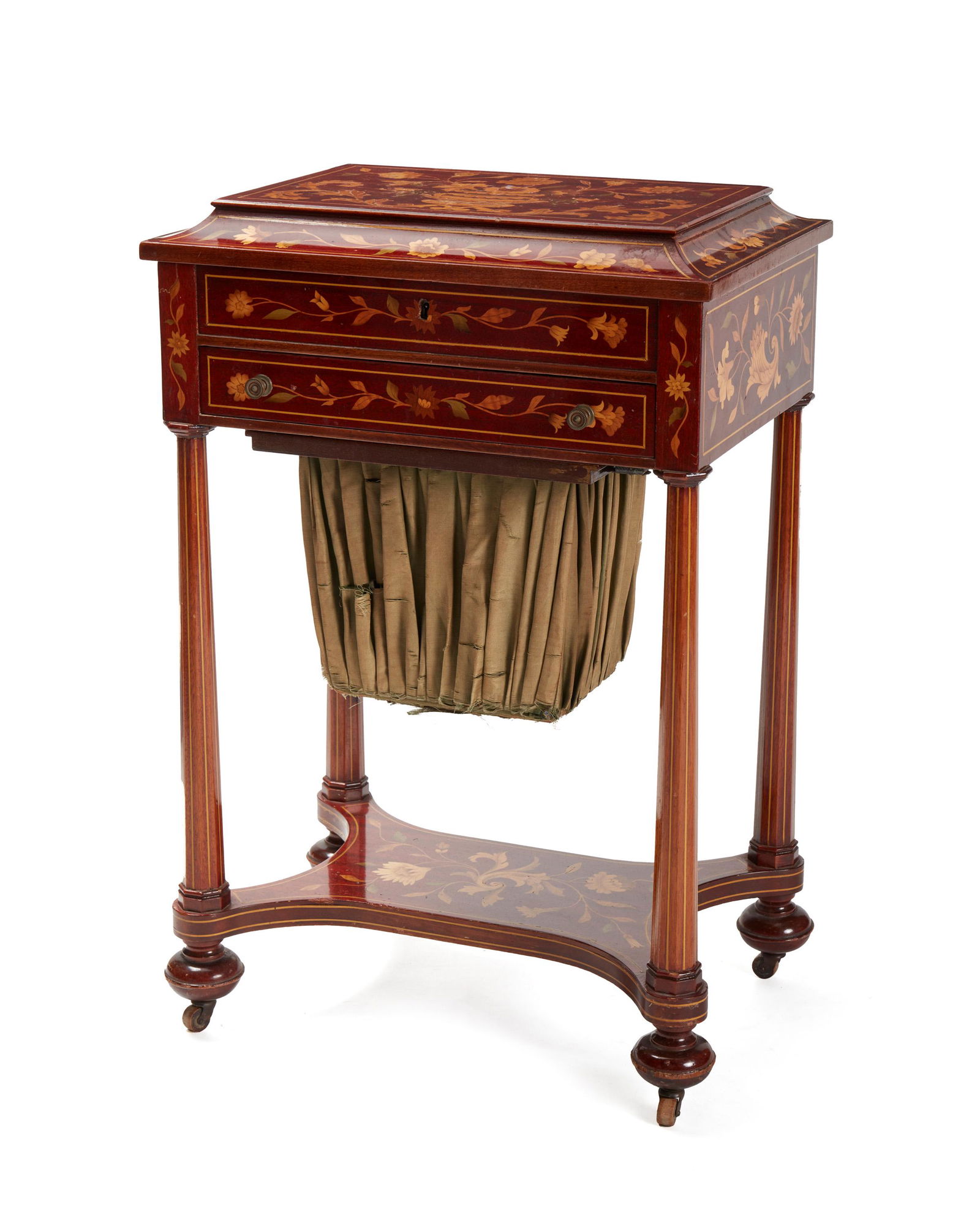 A Dutch marquetry vanity table: Mid-19th Century With all-over floral marquetry, the flip-top dressing table with inset mirror and fitted interior over a single drawer and pull-out pleated silk basket, on castors 31.5" H x 21" W x