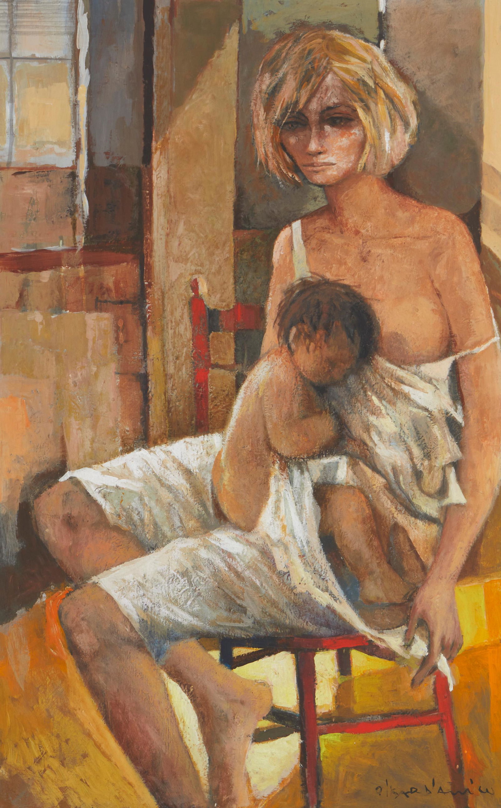 Oskar D'Amico (1923-2003, Italian): Mother and child Oil on canvas Signed lower right: Oskar D'Amico 48" H x 30" W