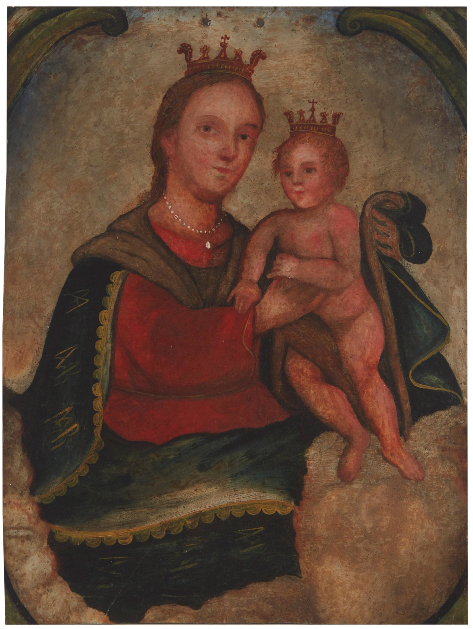 Mexican School (19th Century): Madonna and Child Polychrome tin retablo 12" H x 9" W