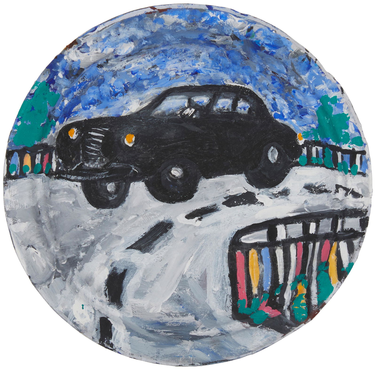 Larry Scharf (1954-2021, Los Angeles, CA): Porcelain Pie Plate Sampler, 2011 Acrylic on paper plate under Plexiglas Appears unsigned; titled and dated by repute 8.75" Diameter Provenance: Santa Monica Museum of Art, Santa Monica, CA The