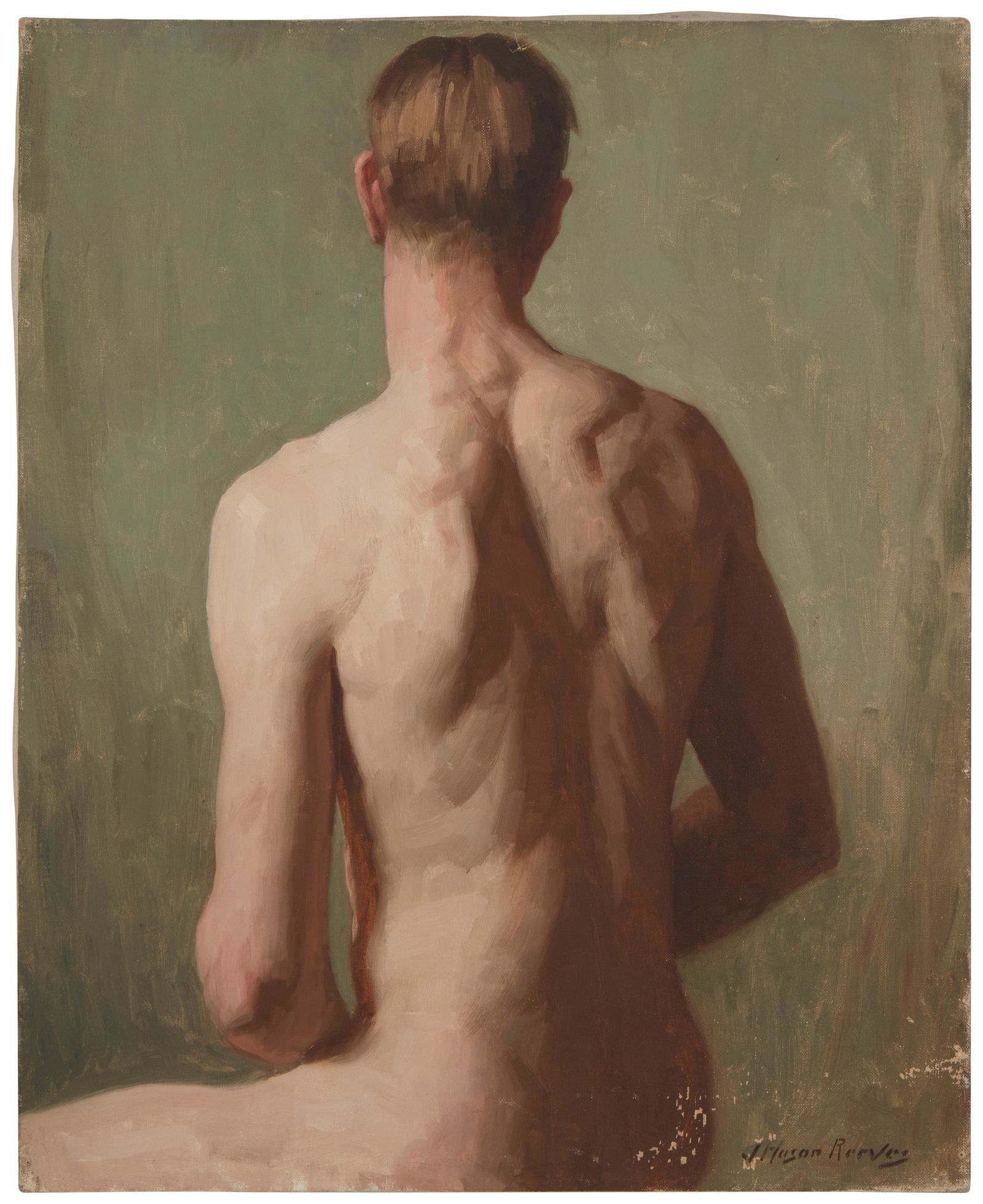 Joseph Mason Reeves (1898-1974, Los Angeles, CA): Male nude, studio pose Oil on canvas Signed lower right: J. Mason Reeves; with the artist's estate stamp verso 22" H x 18" W