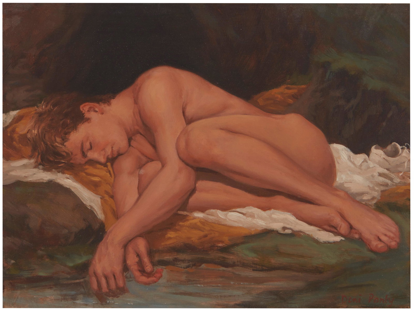 Deni Ponty (20th/21th Century, Dutch/American): Sleeping nude male Oil on panel Signed lower right: Deni Ponty 9" H x 12" W Provenance: Lizard/Harp Gallery, Los Angeles, CA