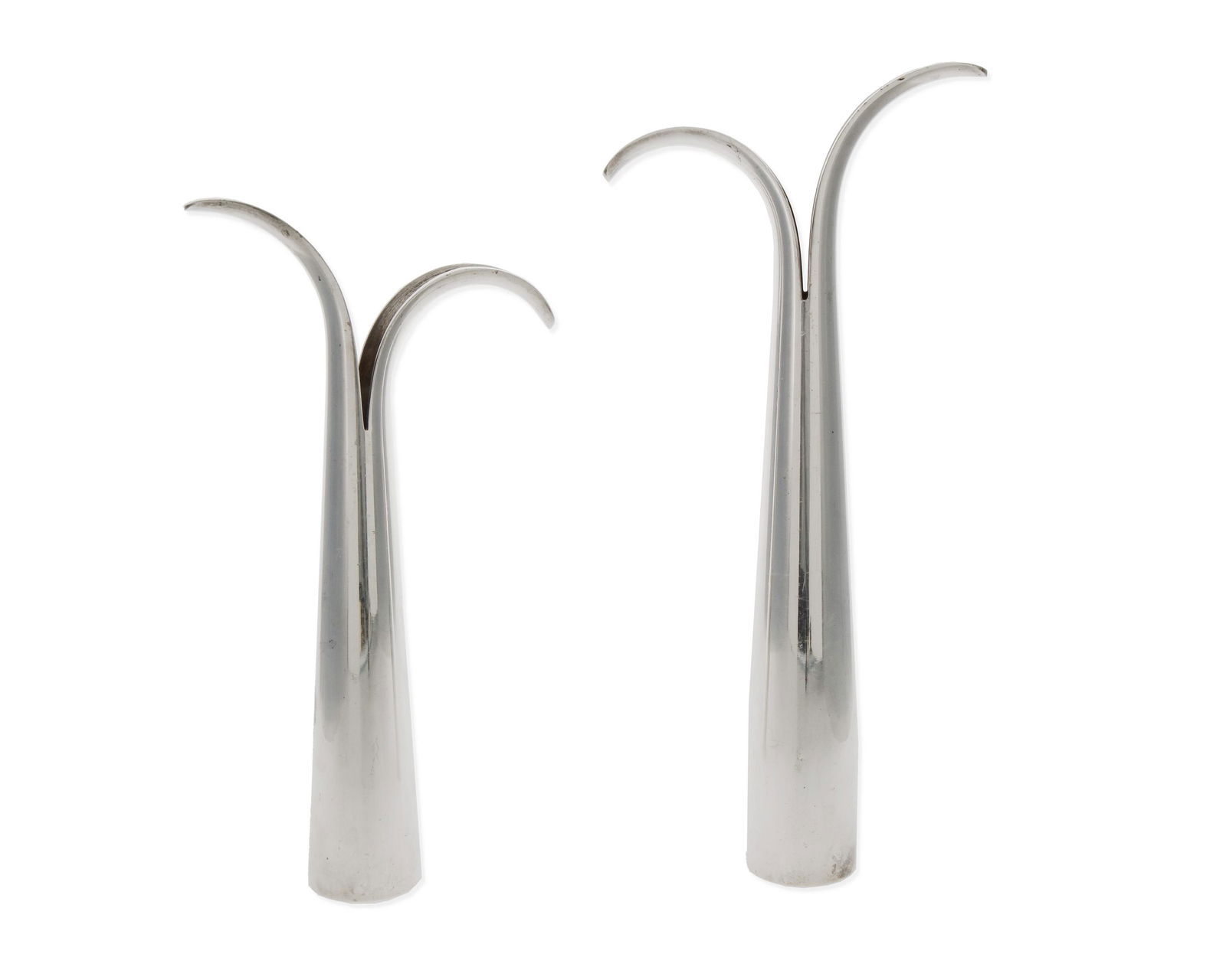 Giuliano Malimpensa (b. 1950, Italian): Bud vases Silver plate Each impressed to underside: Mesa Italy Larger: 15.375" H x 7" W x 2.25" D; Smaller: 13.125" H x 6.75" W x 2.125" D