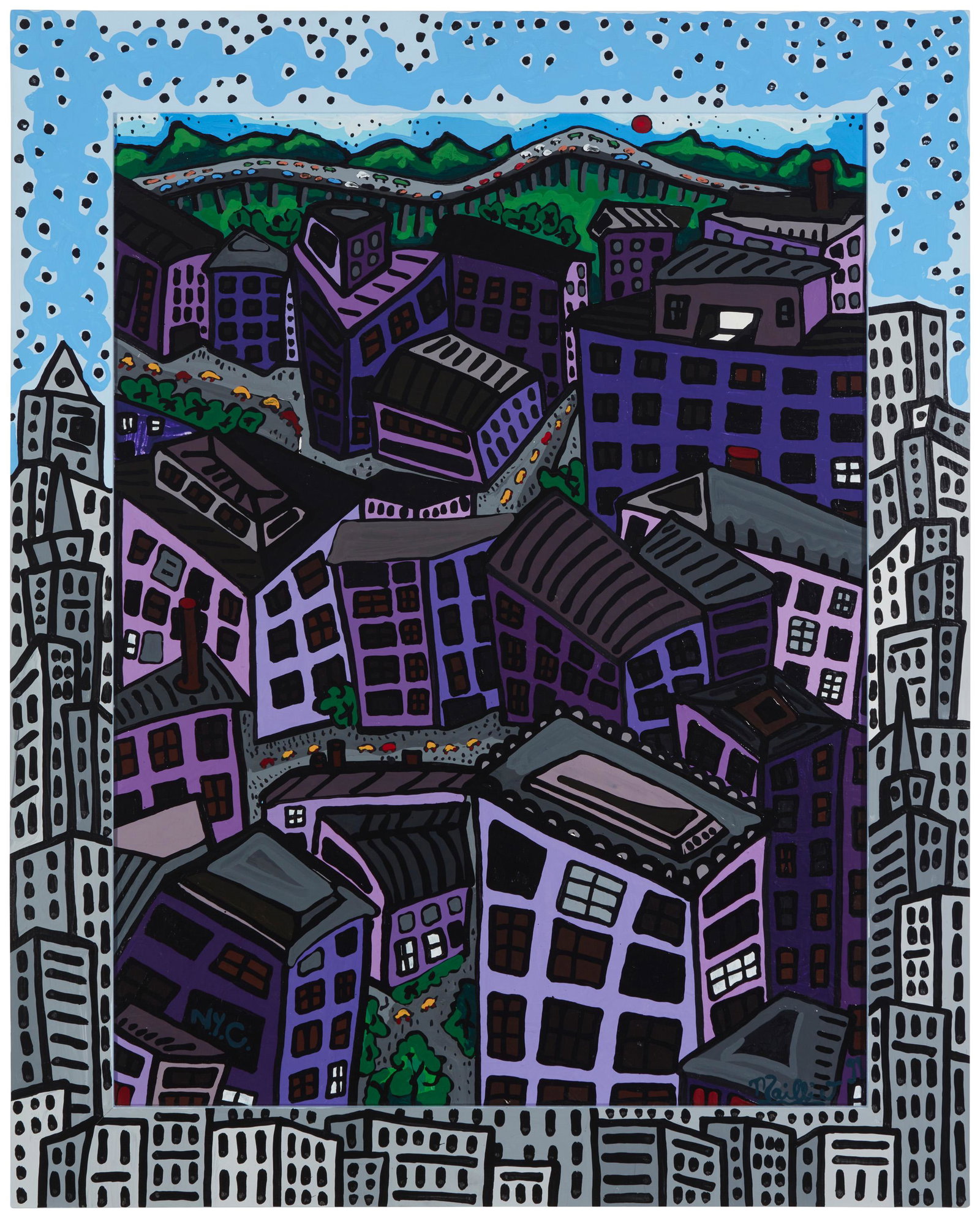 Myles Maillie (b. 1951, Tennessee): Ridin' the West Side, 1991 Acrylic on canvas in the artist's painted wood frame Signed, dated, and inscribed in the lower right and left corners, respectively: Maillie '91 / N.Y.C.; titled on a label 