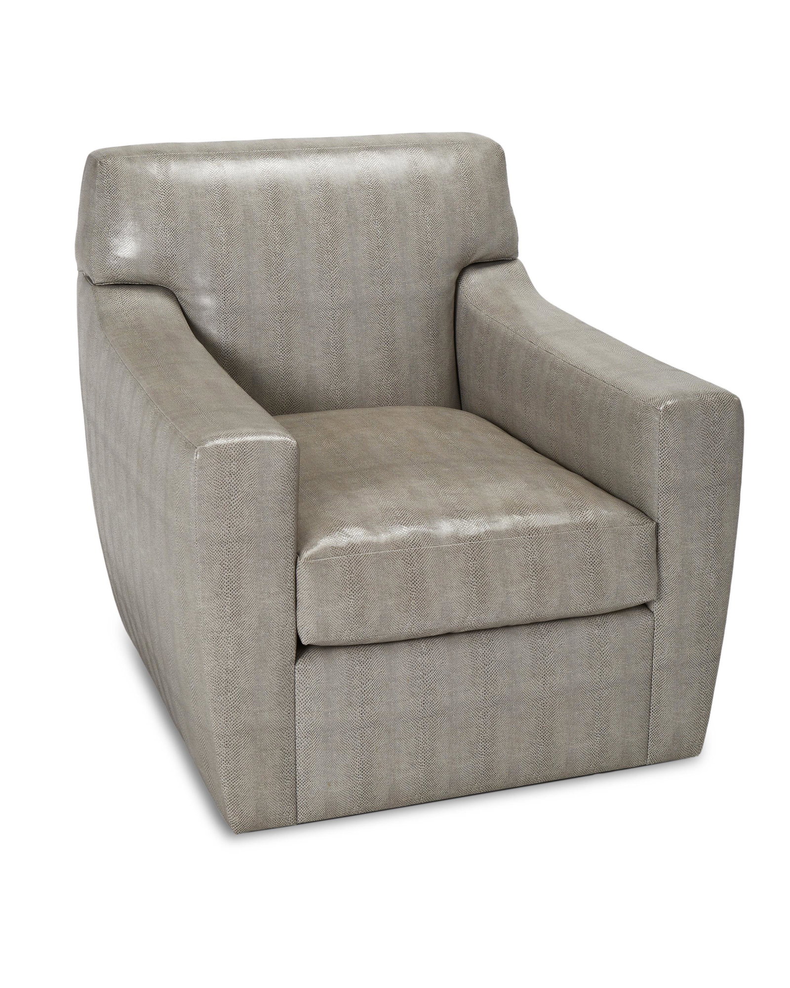 A JJ Custom, Inc. vinyl snakeskin armchair: 21st Century With JJ Custom label to seat interior Upholstered in grey snakeskin vinyl on a swivel base 36" H x 33.5" W x 36" D Provenance: Private Collection, Hidden Hills, CA