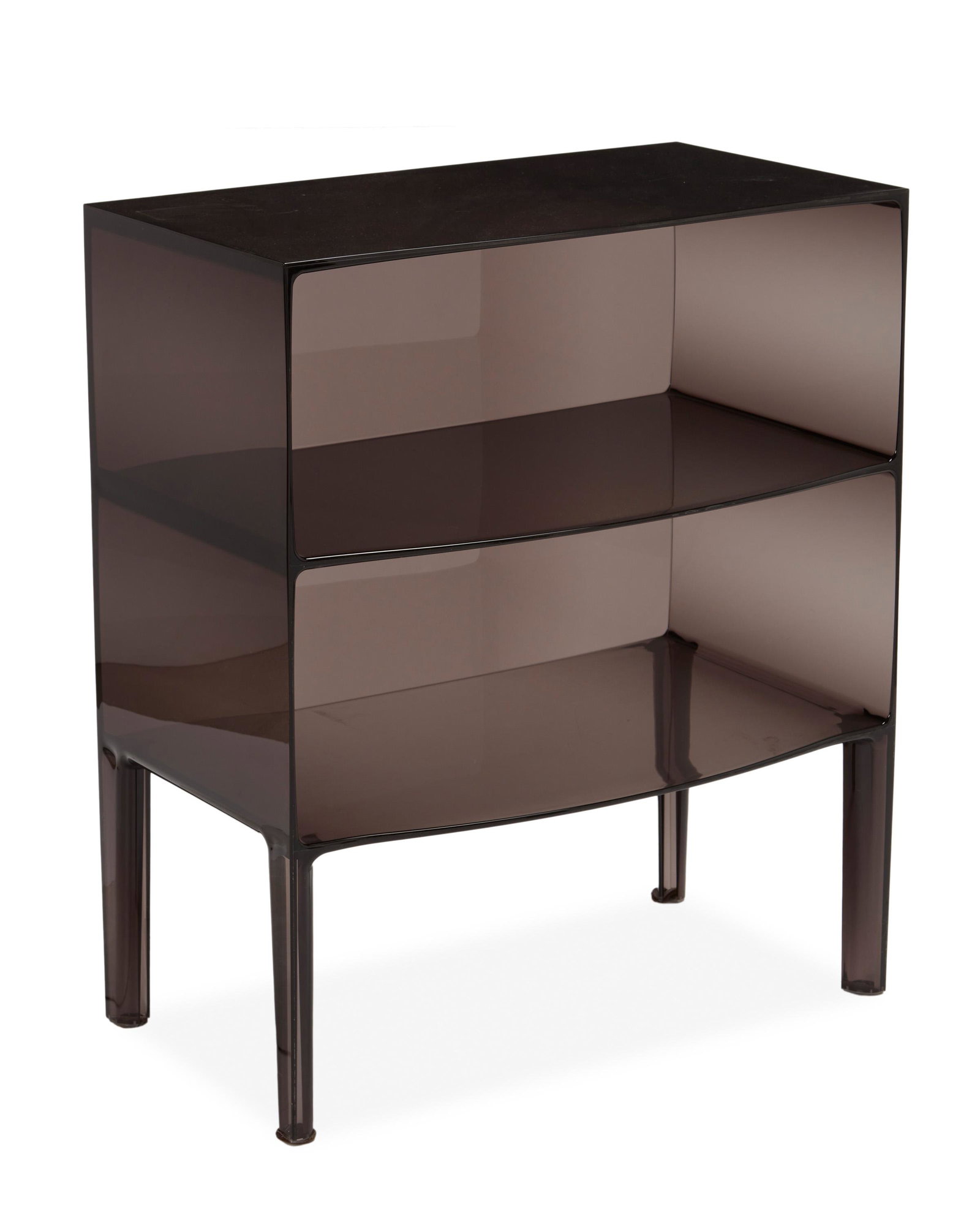 A translucent brown acrylic cabinet: 21st Century The small cabinet in semi-translucent dark brown acrylic with two open compartments 32" H x 27" W x 14.75" D Provenance: Private Collection, Bel Air, CA