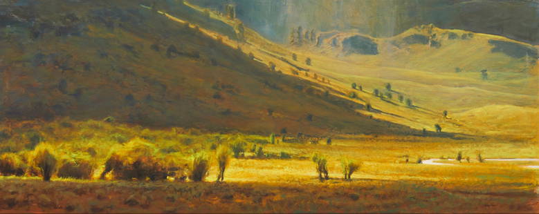 Gordon Brown (b. 1962, Colorado): Western landscape, 1997 Oil on Masonite Signed and dated lower right: Gordon Brown 24" H x 60" W